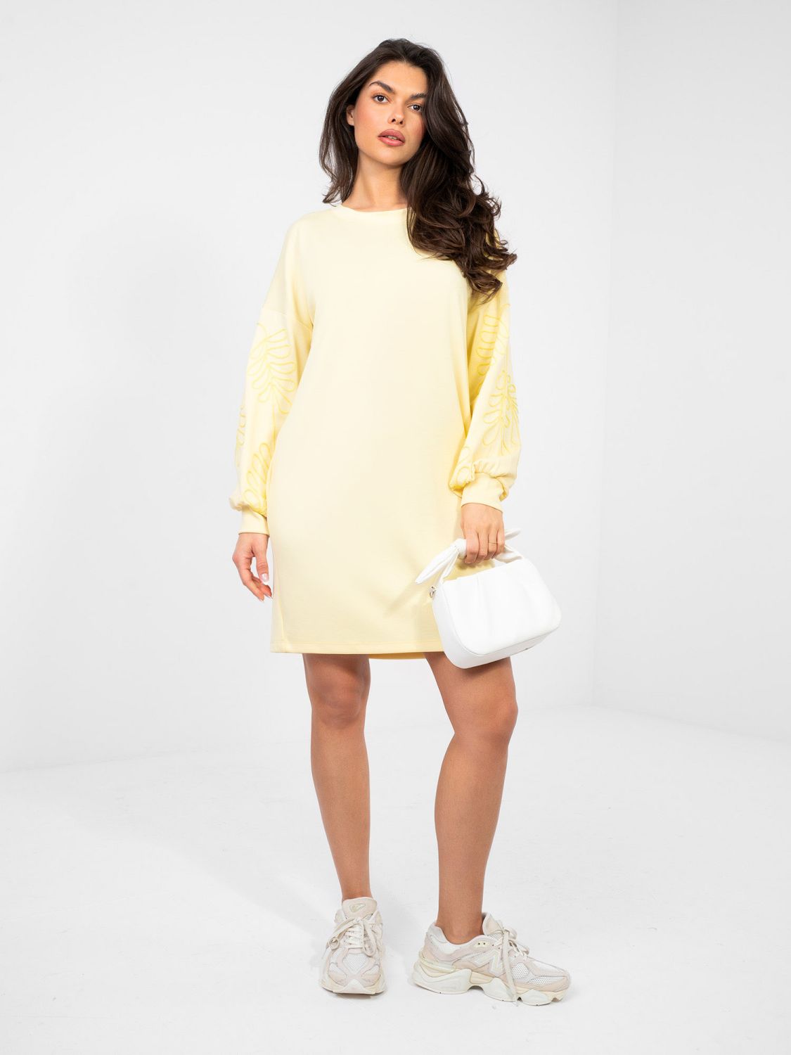 Yellow mini dress with embroidery and puff sleeves