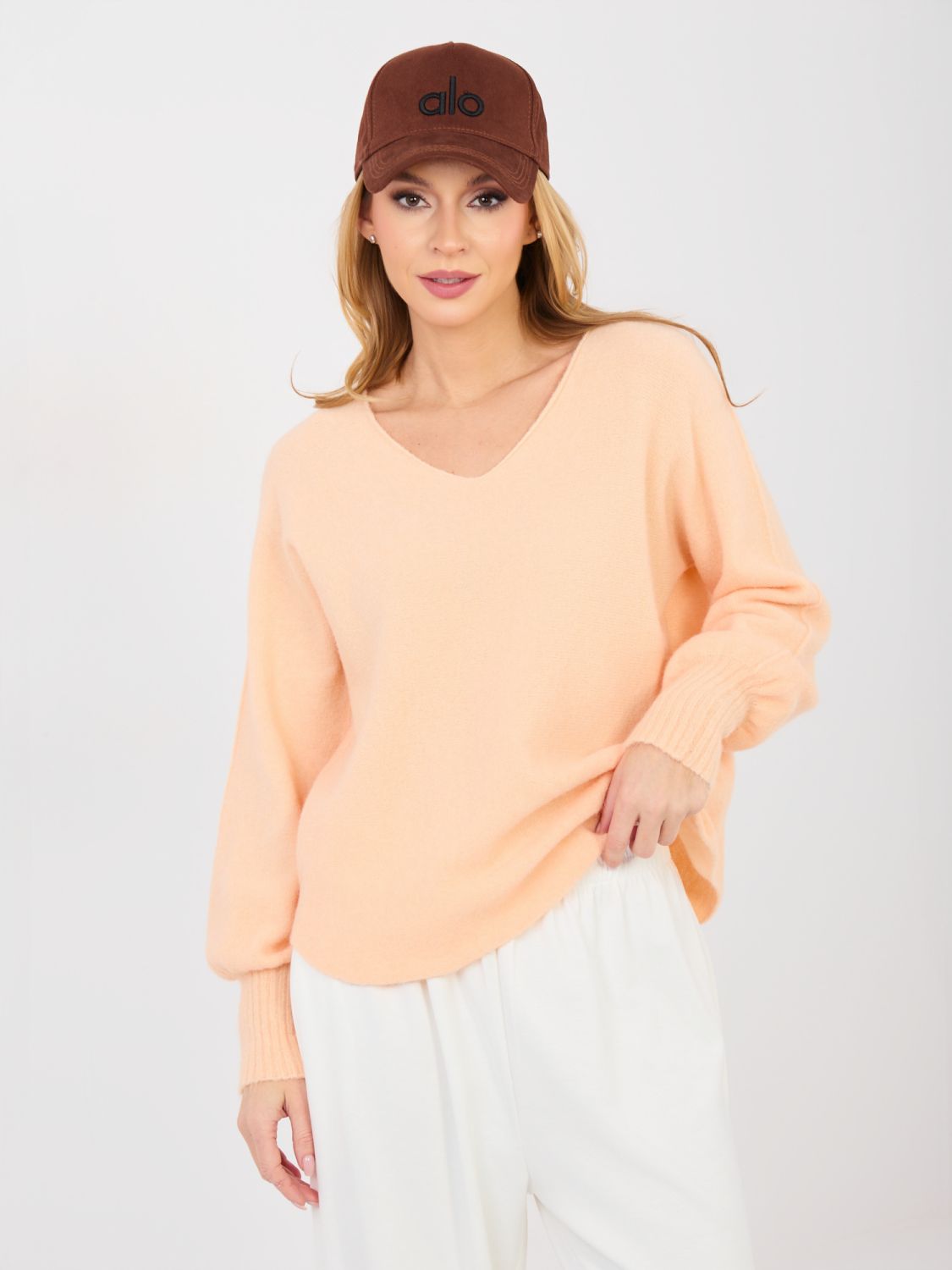 Bright Orange V-Neck Sweater with Balloon Sleeves