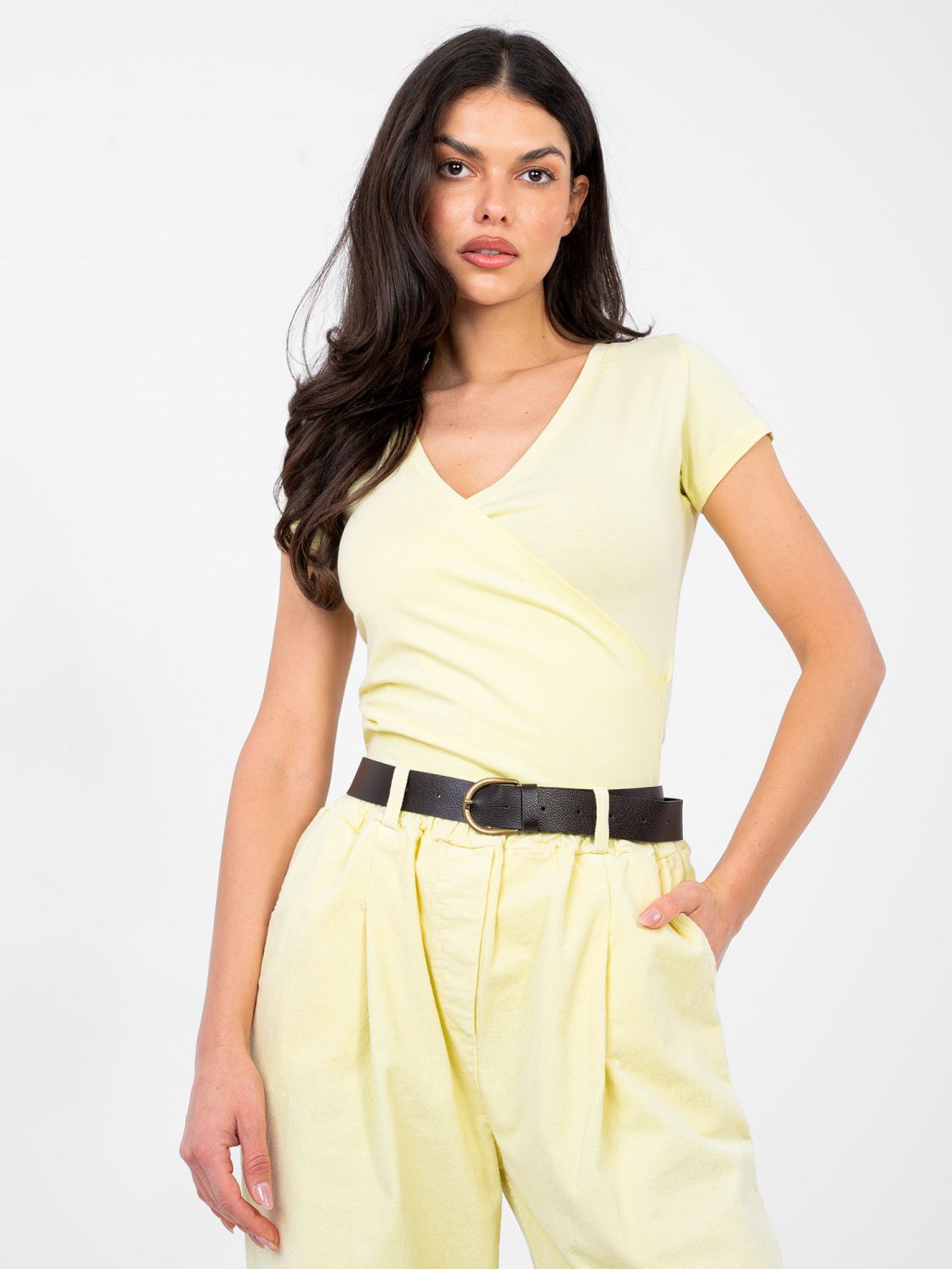 Light Yellow Cotton T-shirt with Wrap Neckline