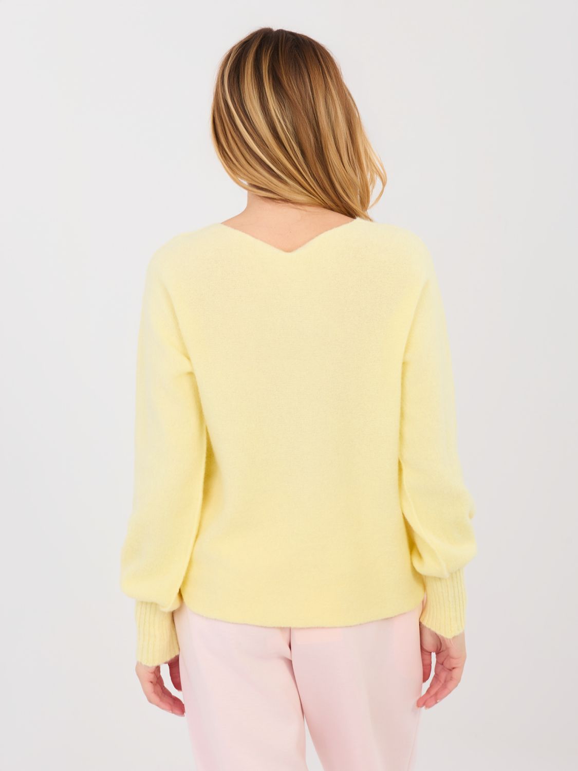 Yellow V-neck sweater with balloon sleeves