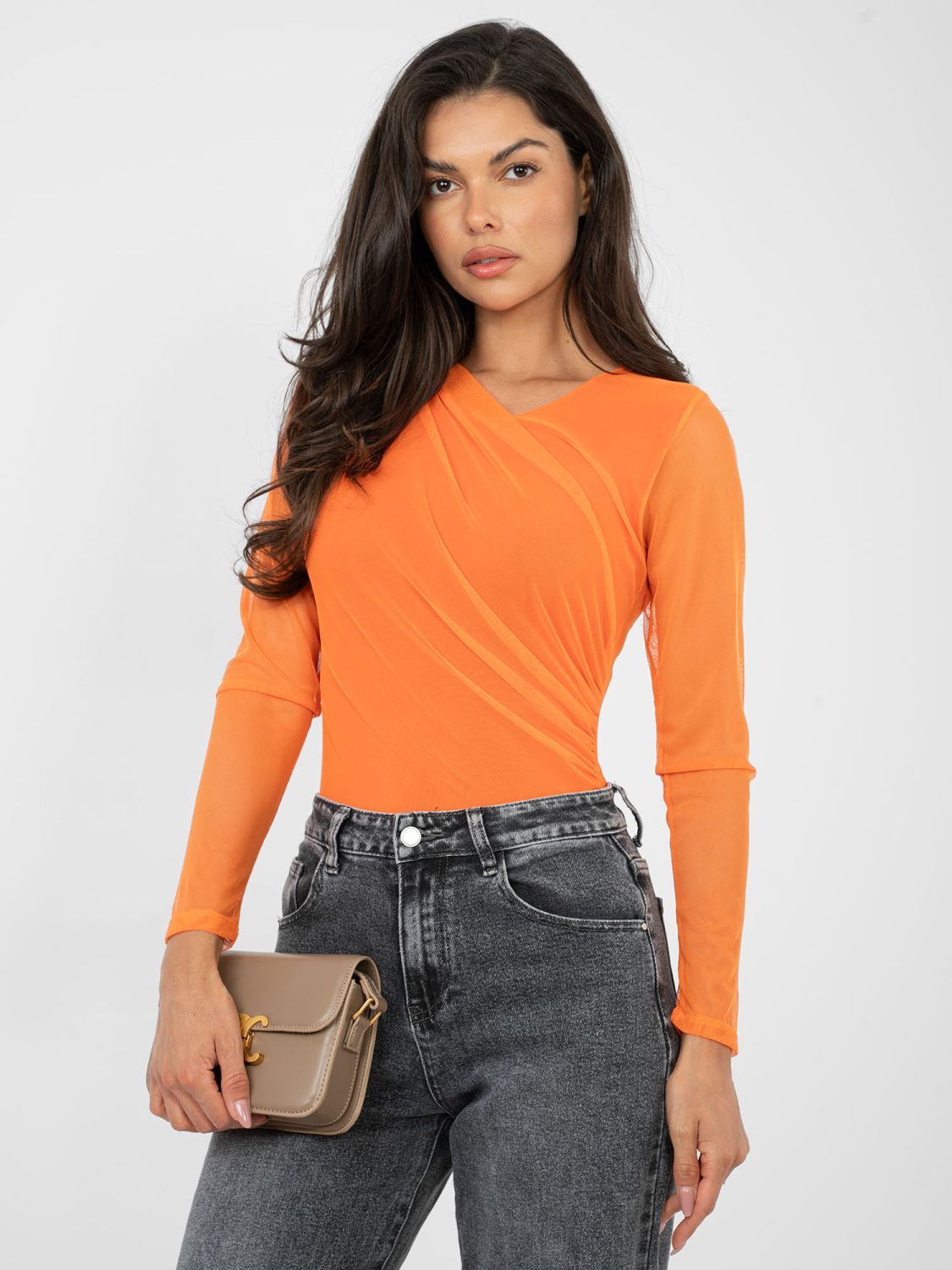 Elegant orange bodysuit with long sleeves and round neckline