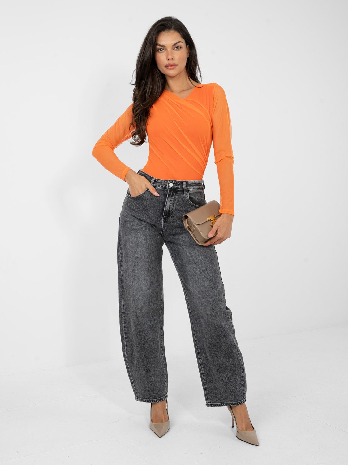 Elegant orange bodysuit with long sleeves and round neckline