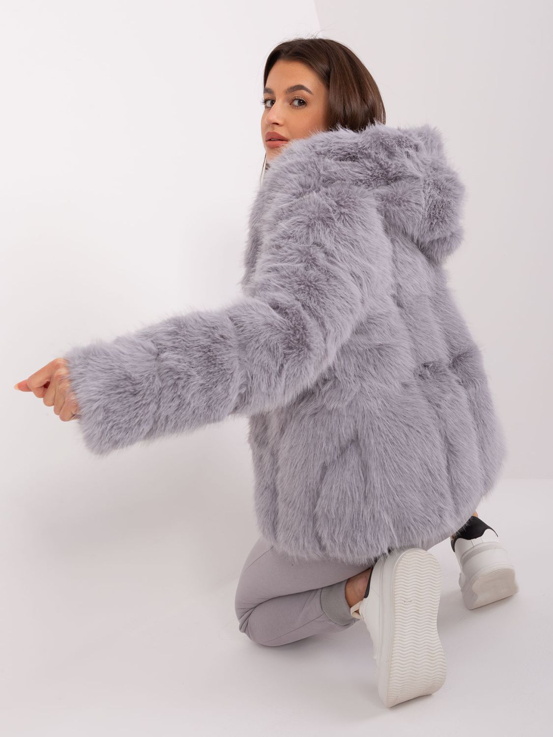 Grey Faux Fur Jacket with Hood