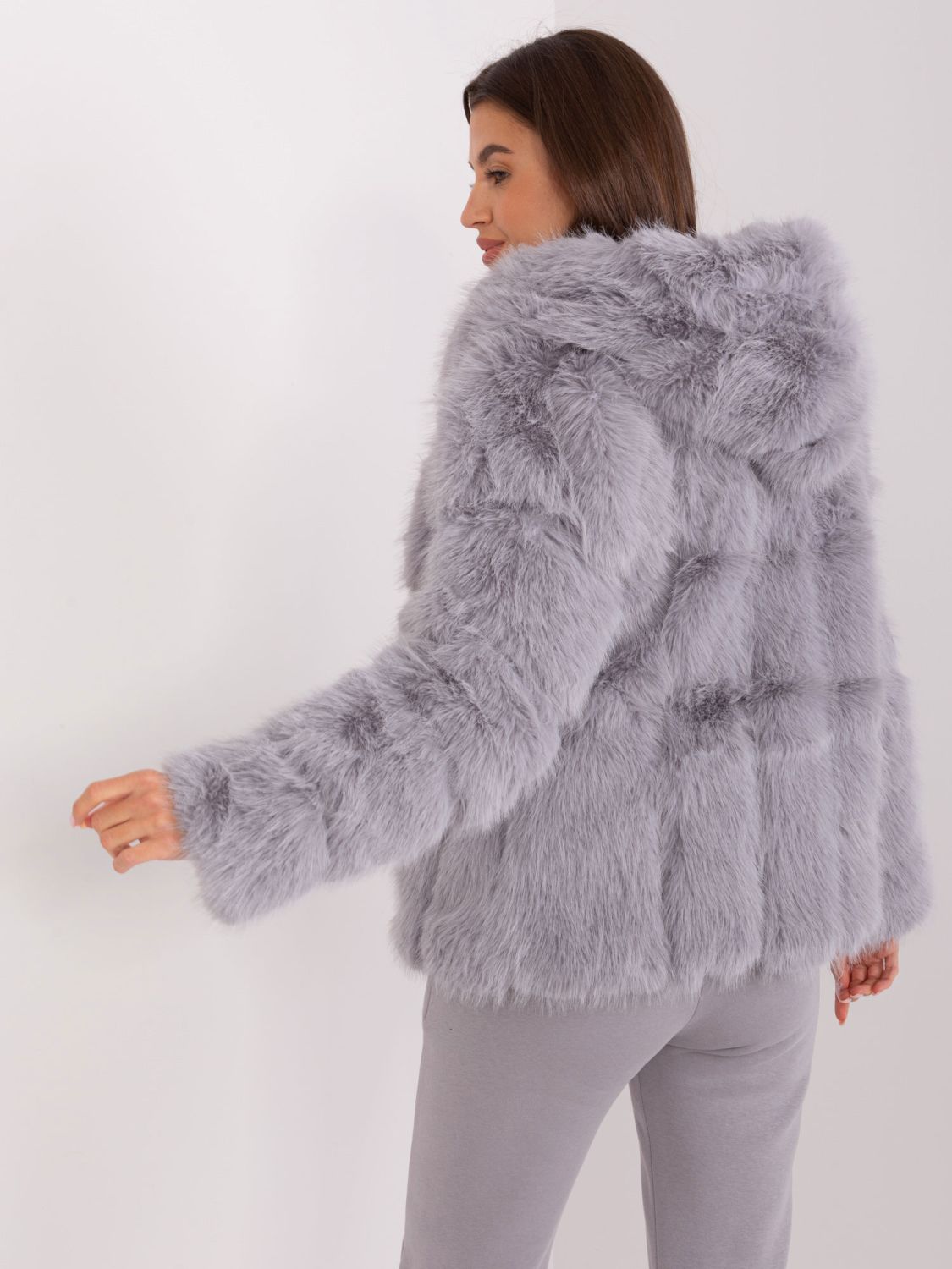 Grey Faux Fur Jacket with Hood