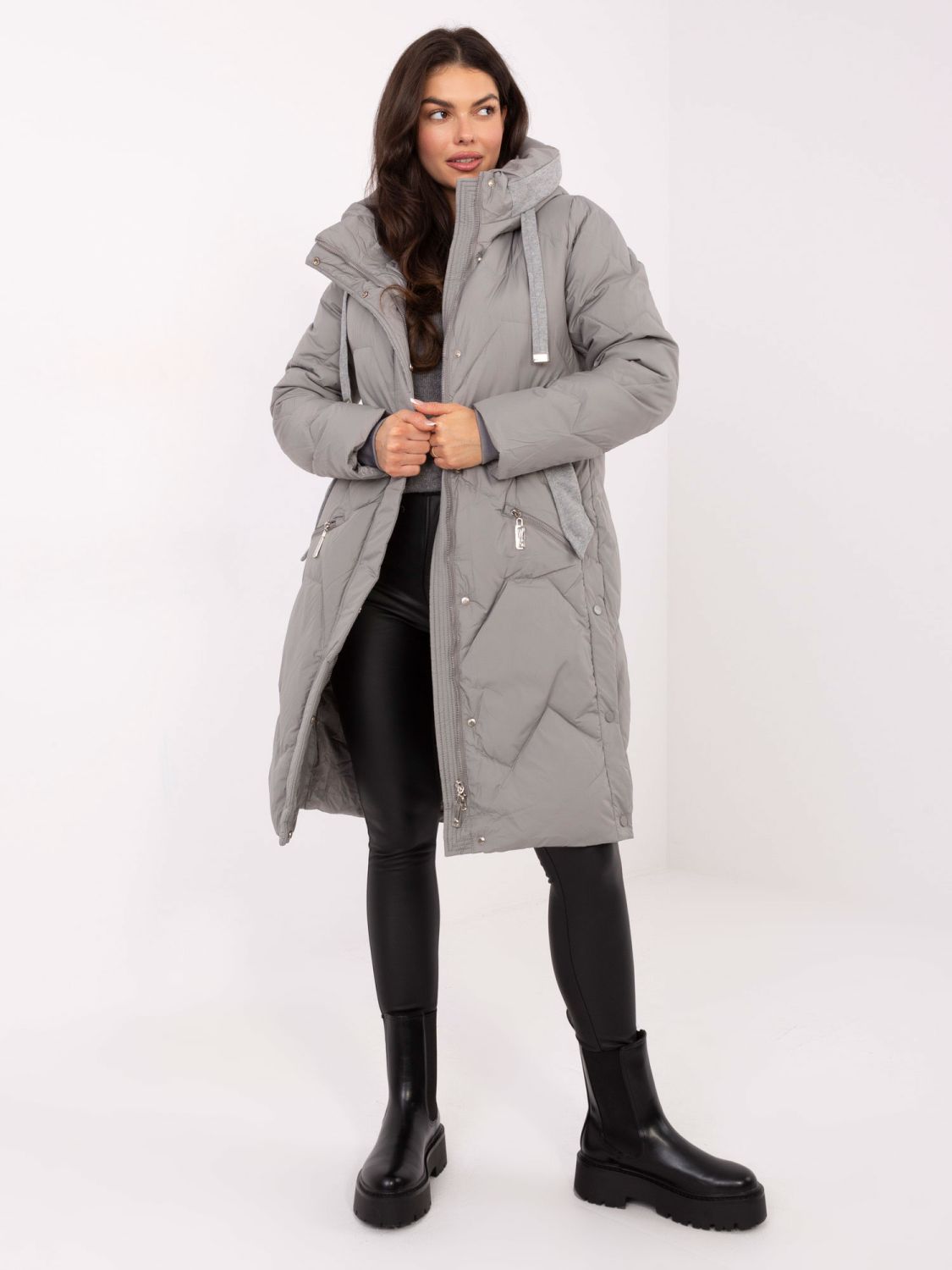 Long grey quilted coat with hood