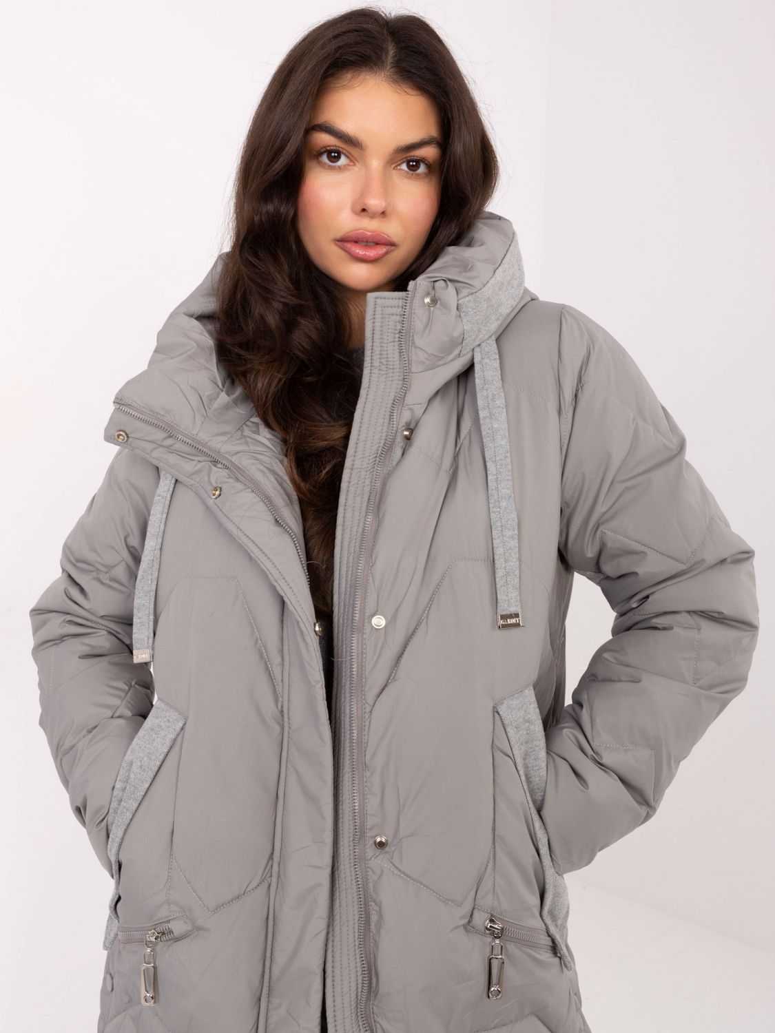 Long grey quilted coat with hood