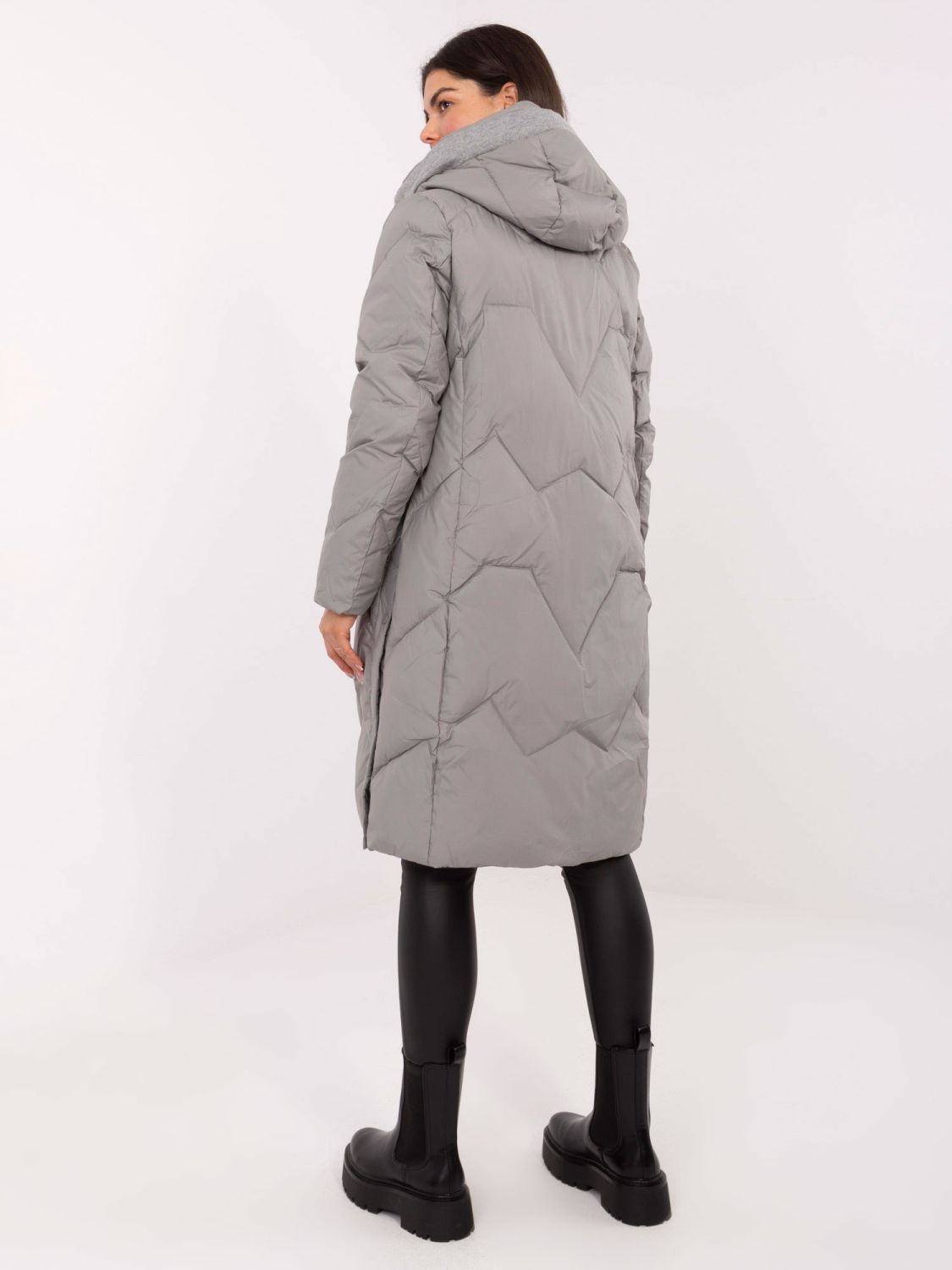Long grey quilted coat with hood