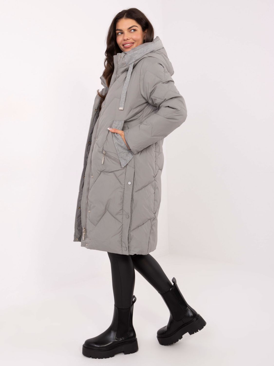 Long grey quilted coat with hood