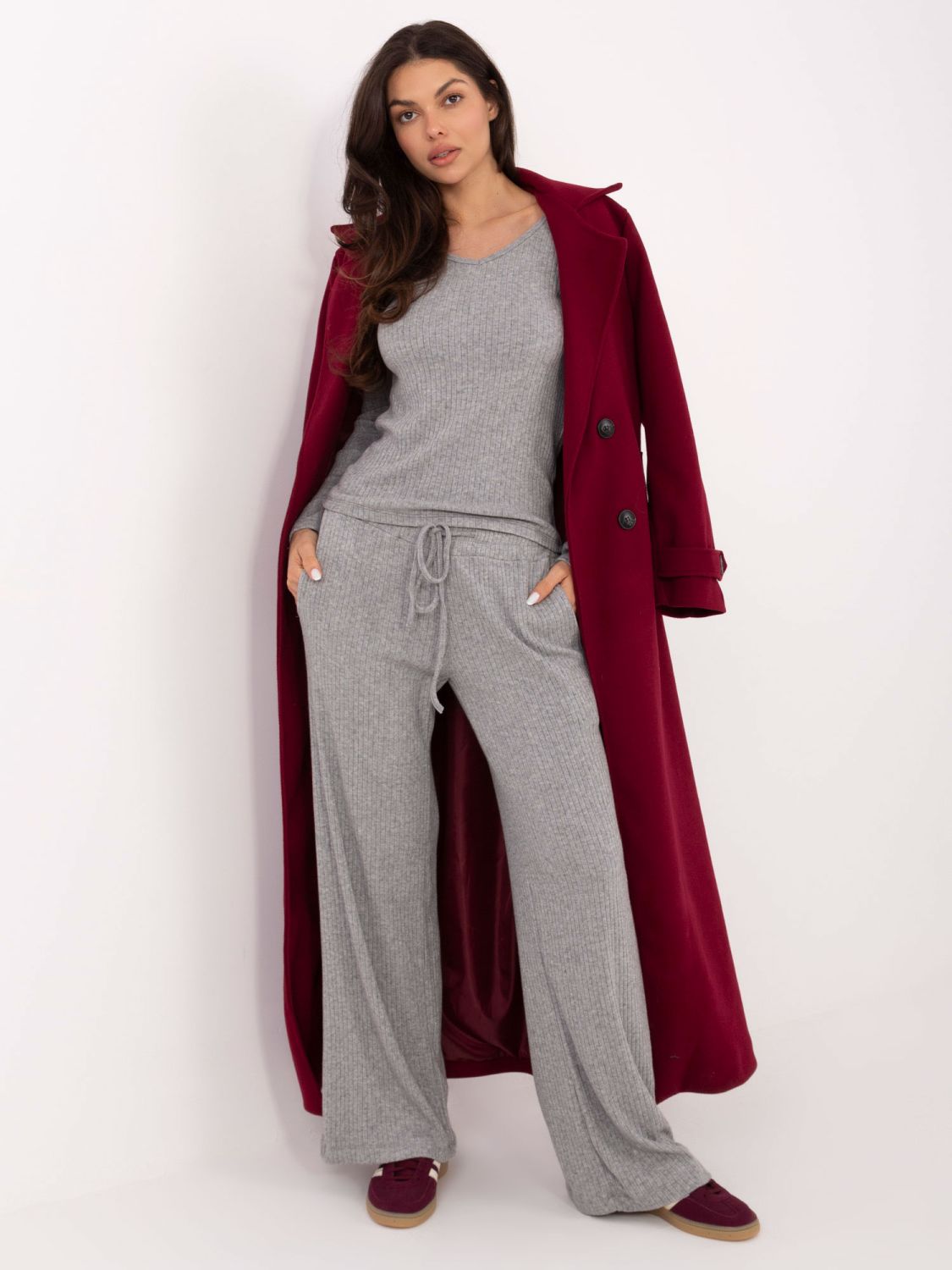 Grey wide ribbed high-waisted trousers