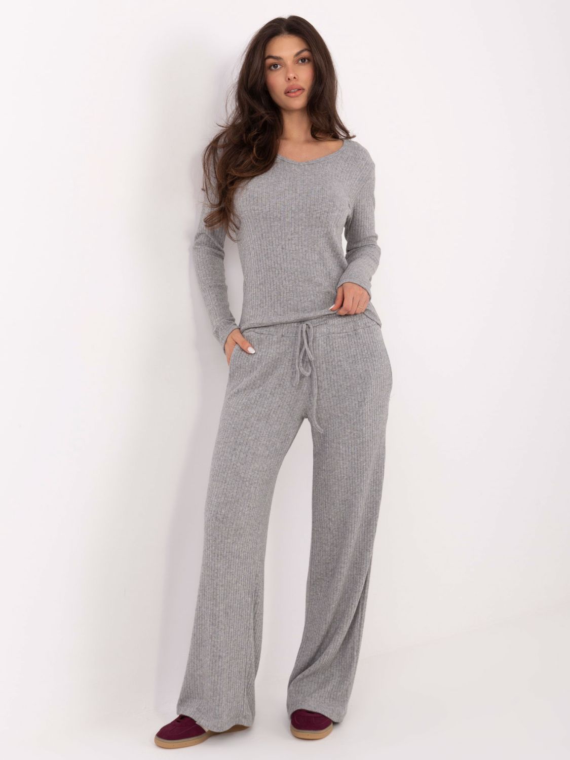 Grey wide ribbed high-waisted trousers