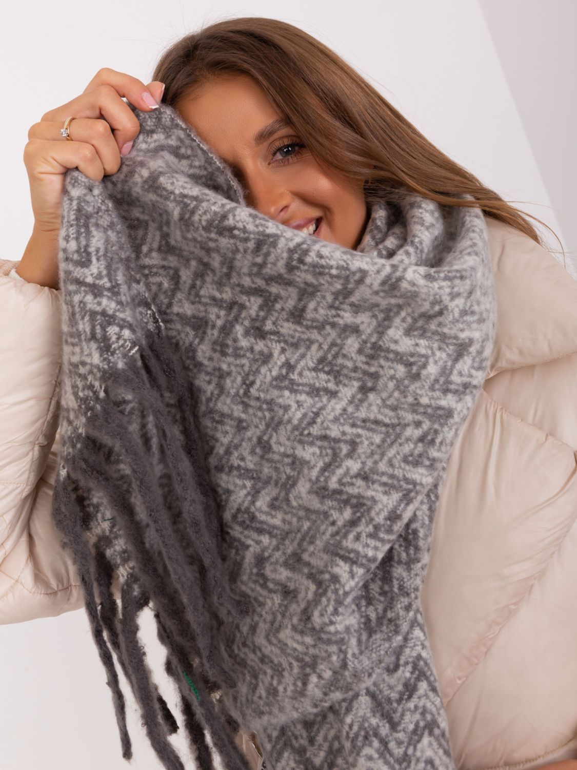 Gray and White Women's Scarf with Geometric Pattern