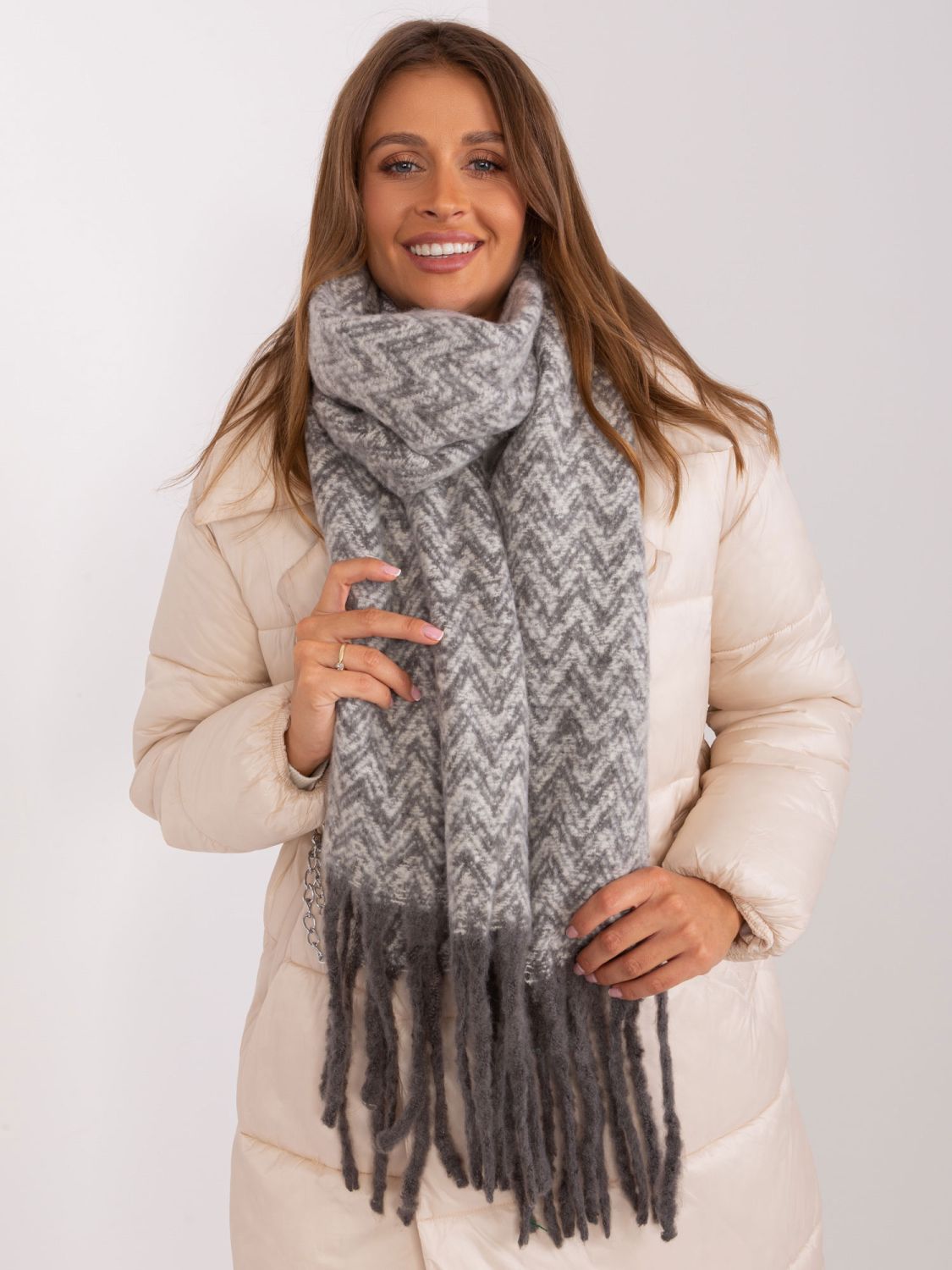 Gray and White Women's Scarf with Geometric Pattern