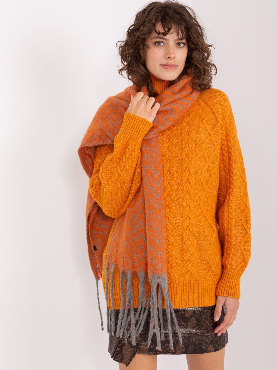 Gray-Orange Geometric Scarf