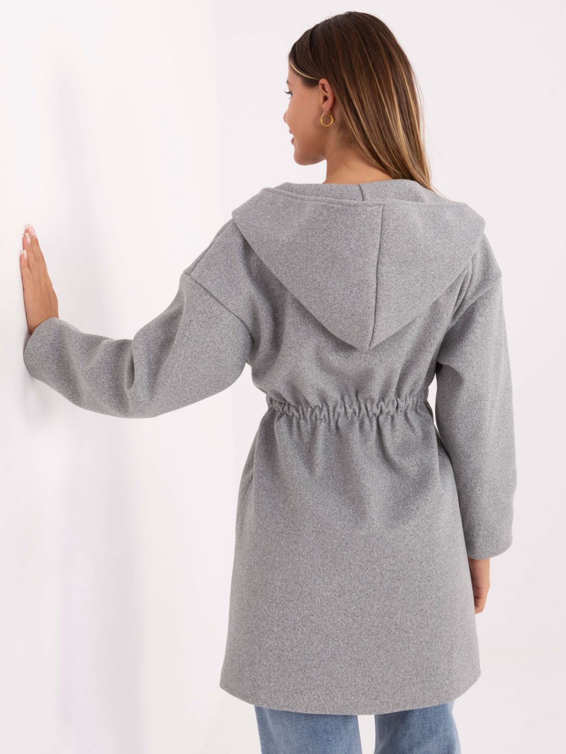 Stylish grey transitional coat with hood and belt