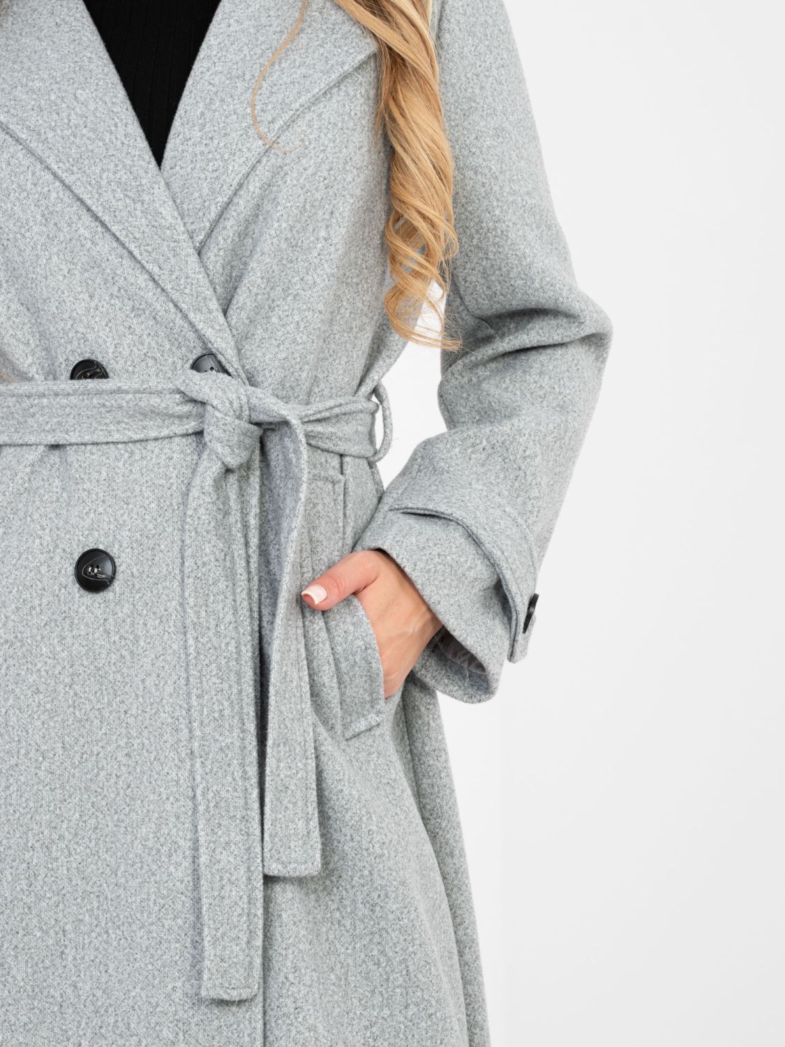 Elegant grey transitional coat with belt