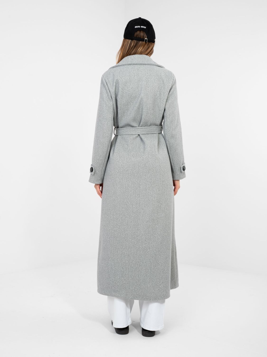 Elegant grey transitional coat with belt