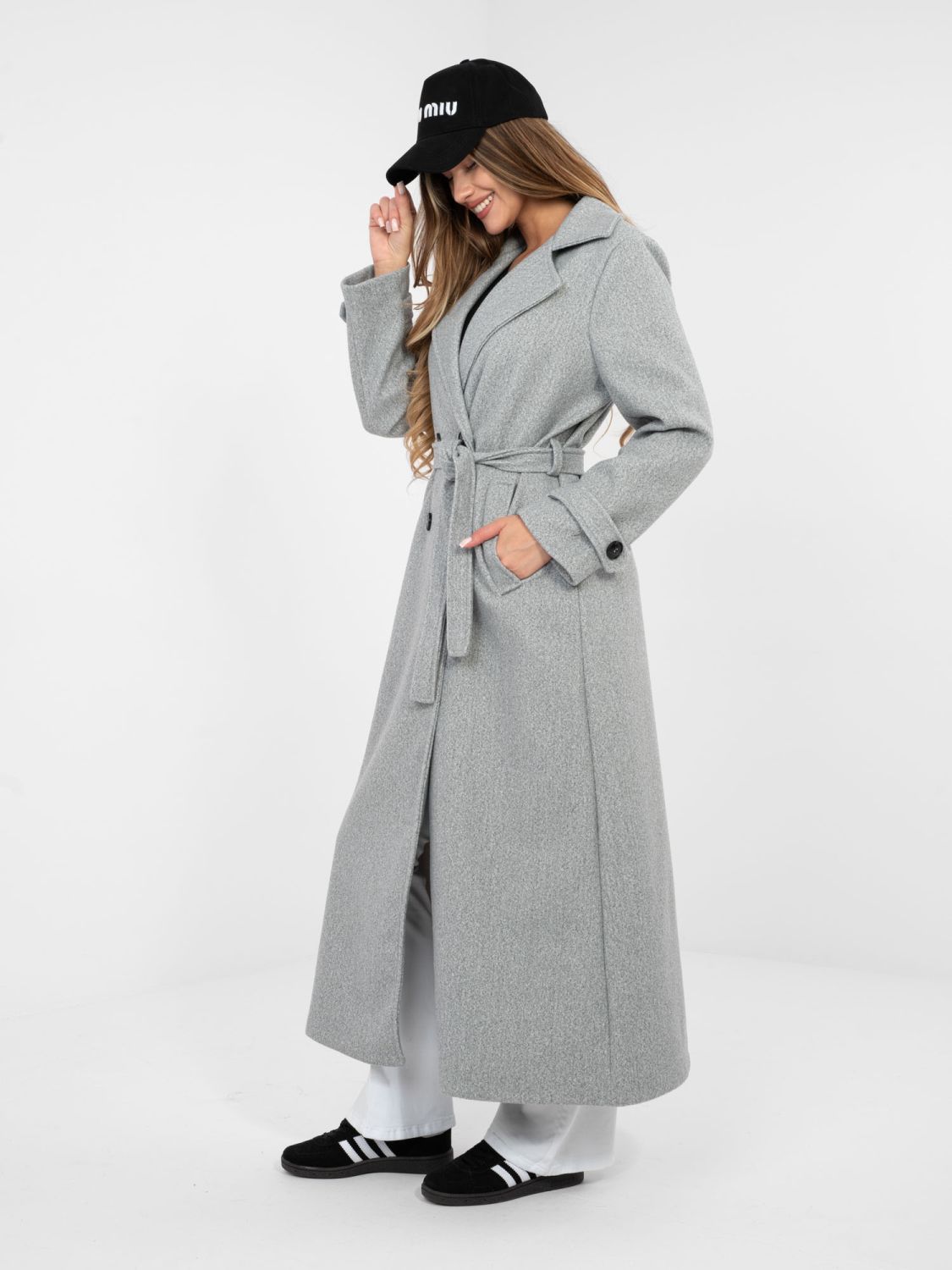 Elegant grey transitional coat with belt