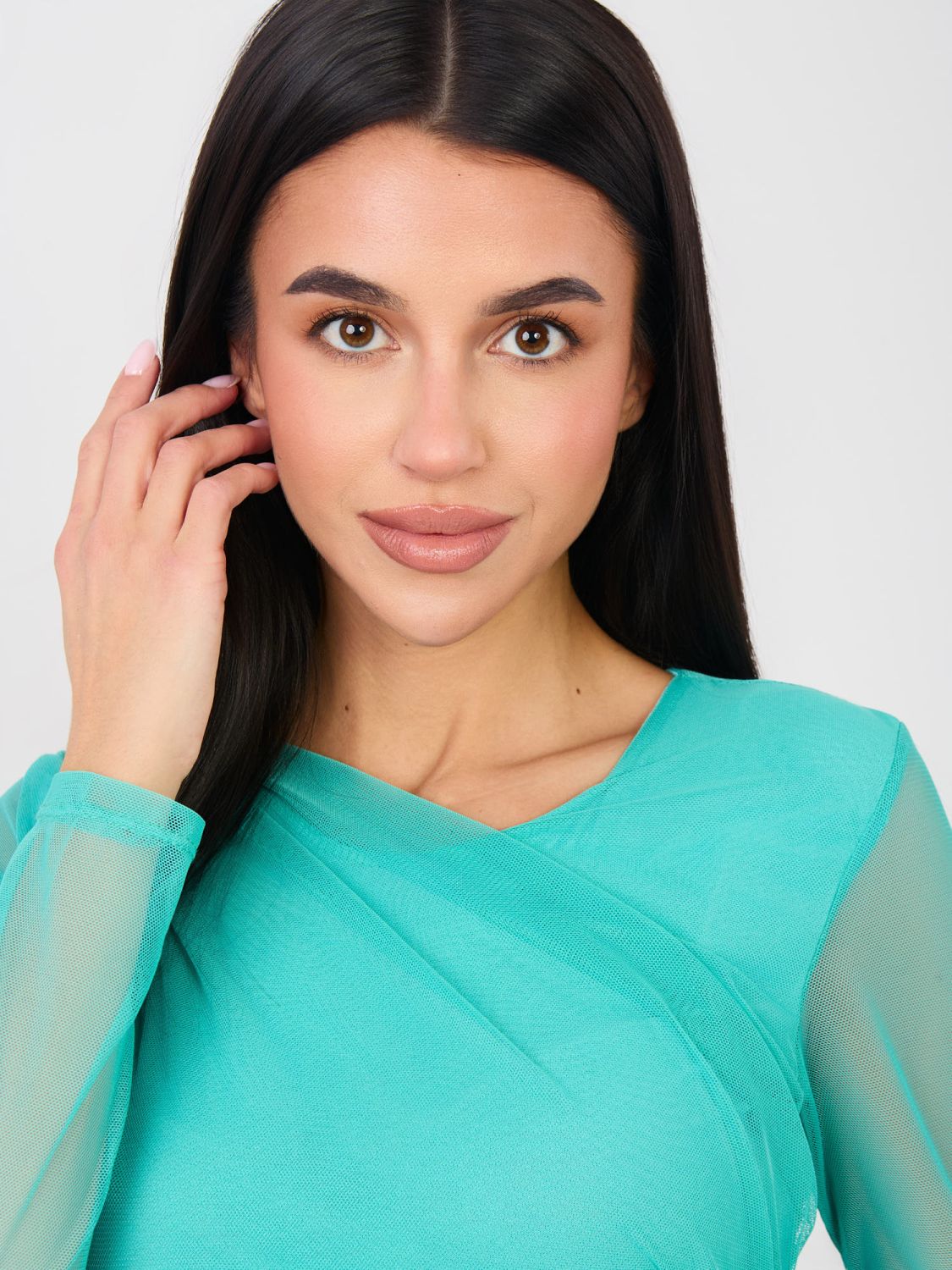 Elegant blue bodysuit with long sleeves and round neckline