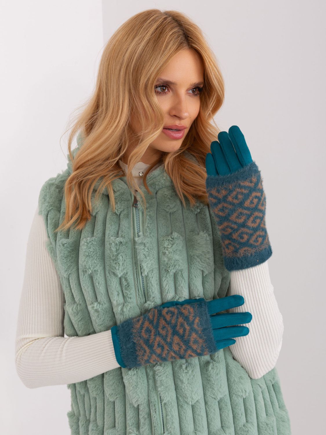 Turquoise Gloves with Geometric Pattern