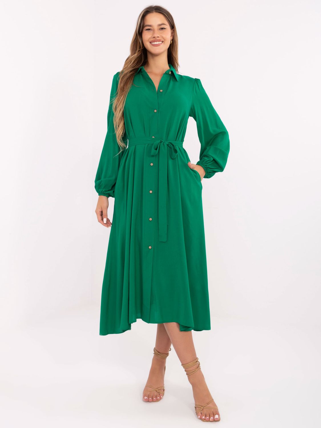 Elegant Green Midi Dress with Long Sleeves