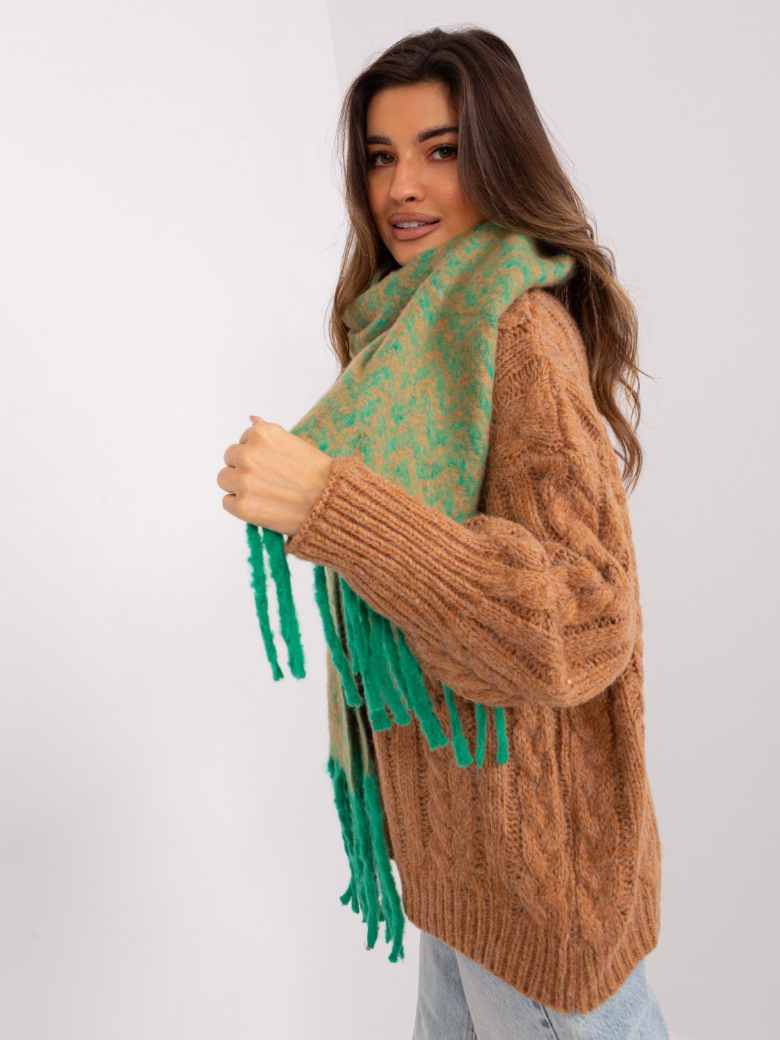 Green-brown women's scarf with geometric pattern