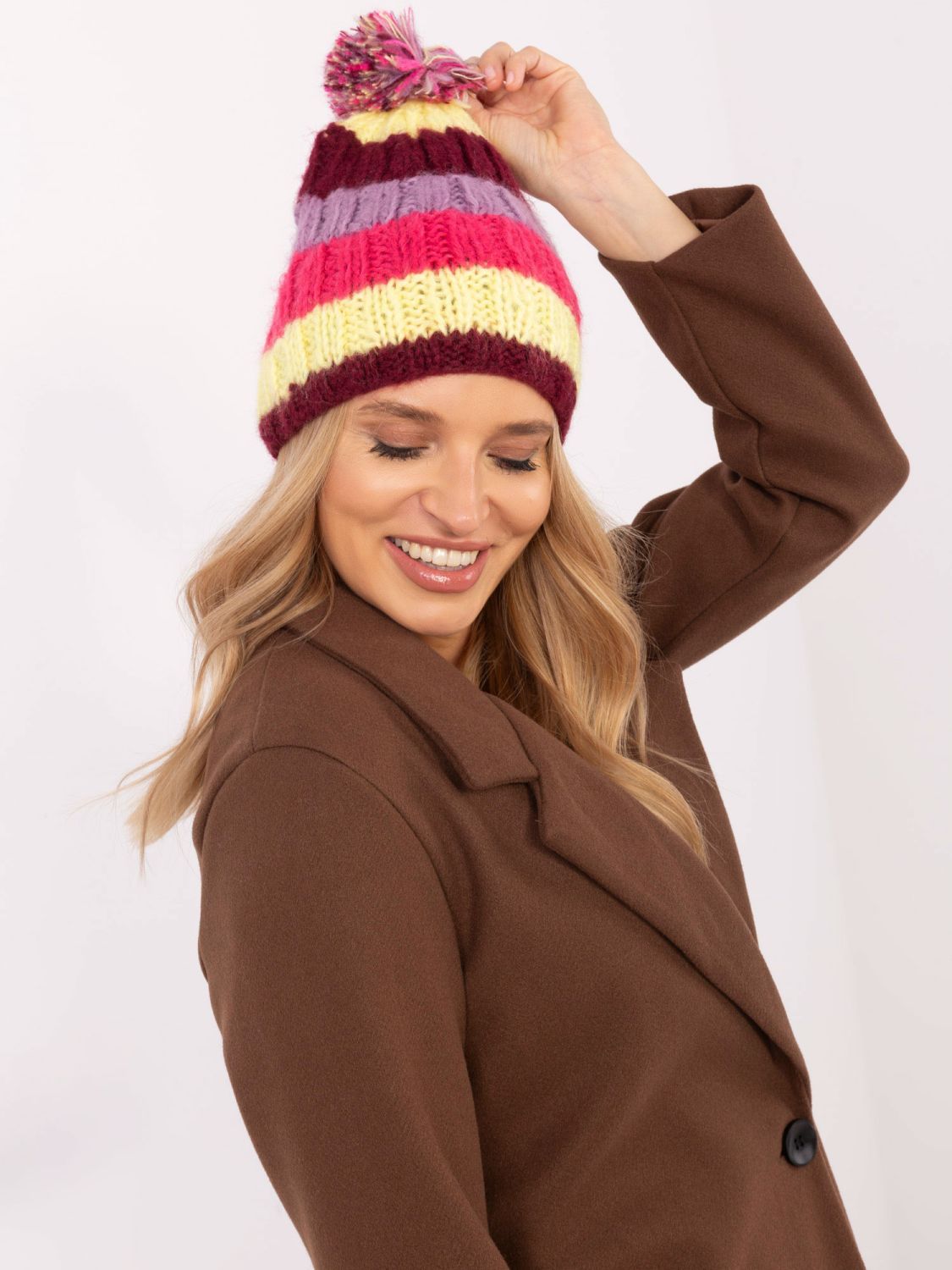 Stylish Beanie with Stripes and Pom-Pom