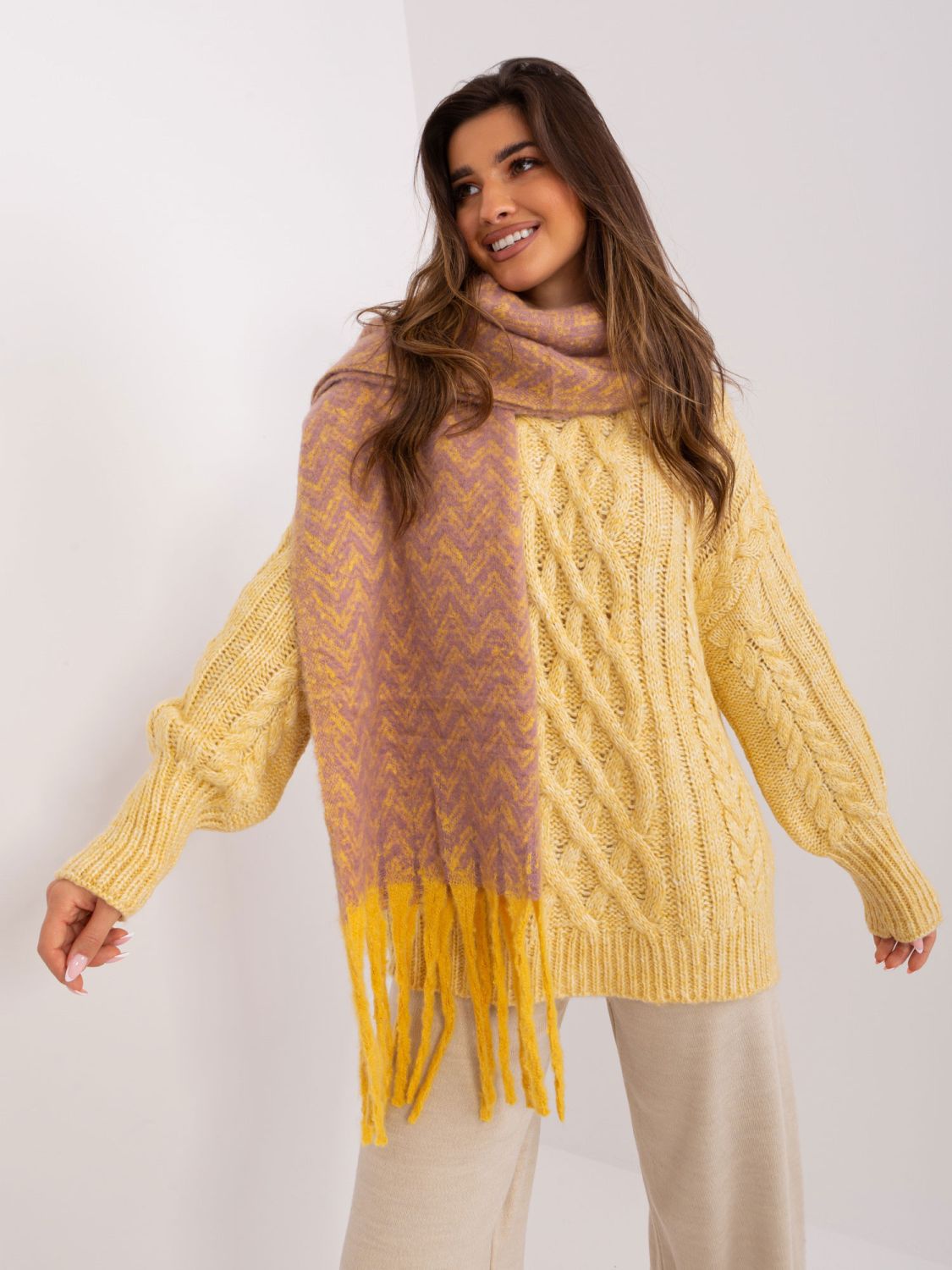 Yellow-Pink Scarf with Fringes