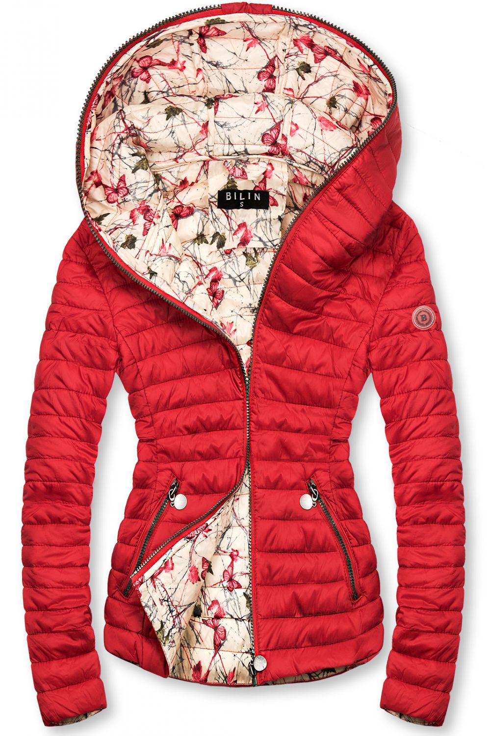 Red puffer jacket with patterned lining