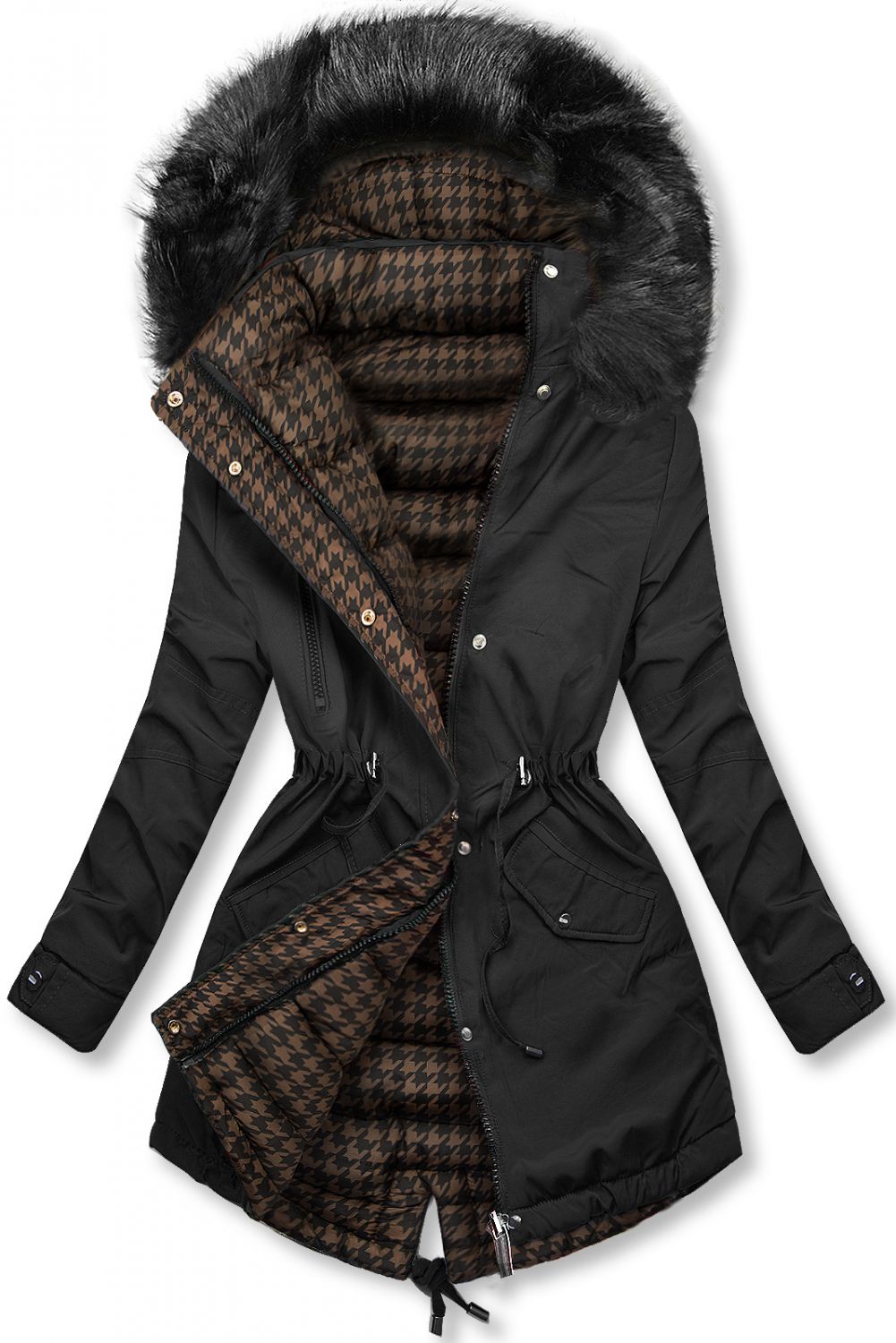Black reversible winter parka with faux fur trim