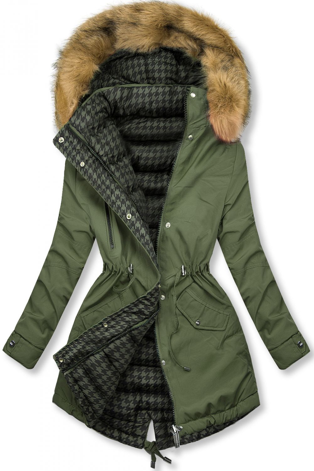 Khaki green reversible winter parka with faux fur trim
