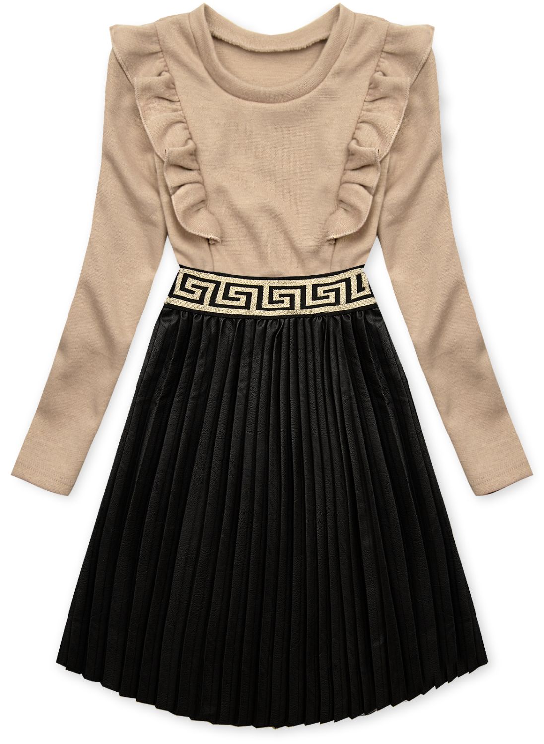Beige dress with leather pleated skirt