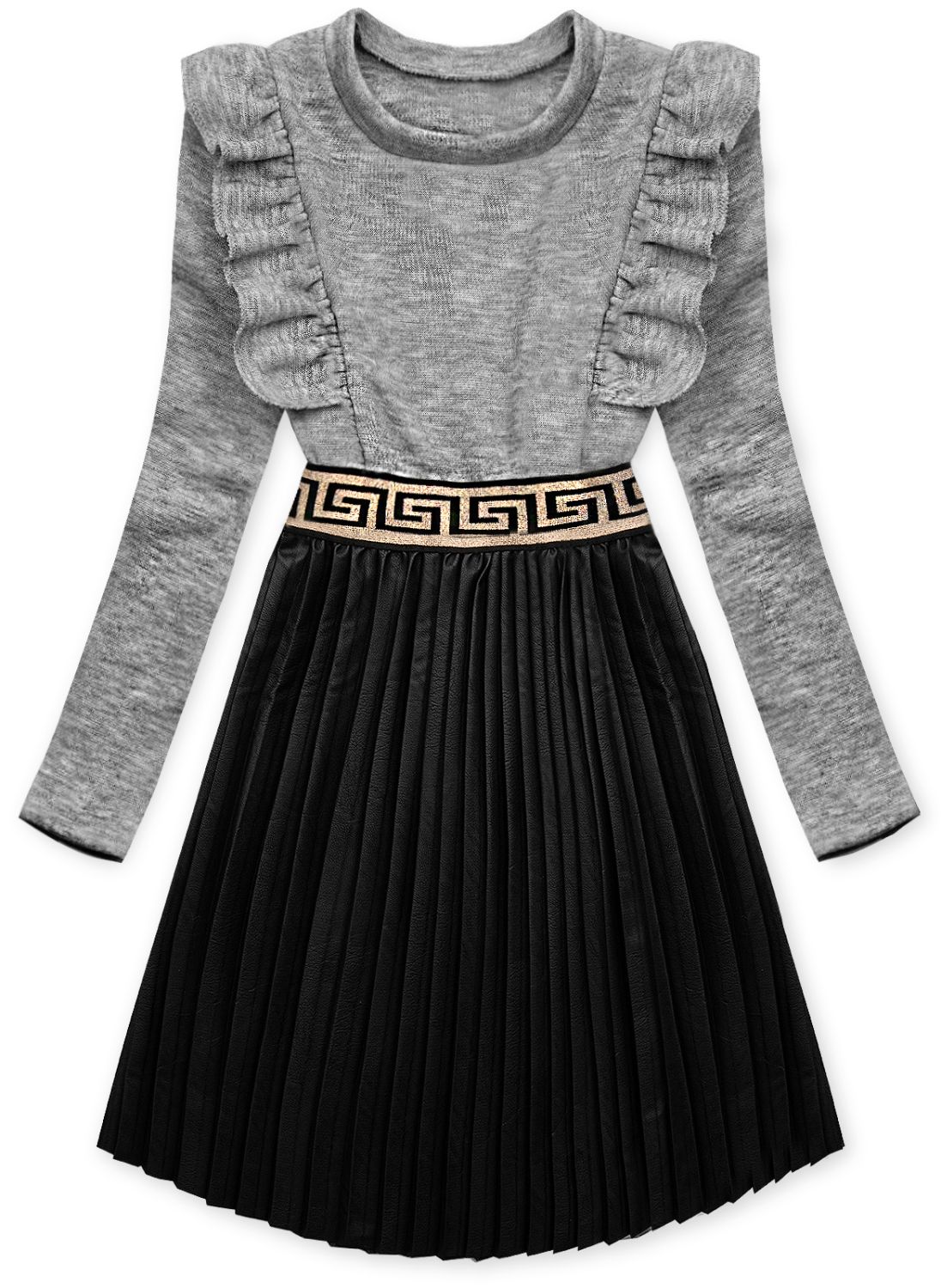 Grey dress with leather pleated skirt