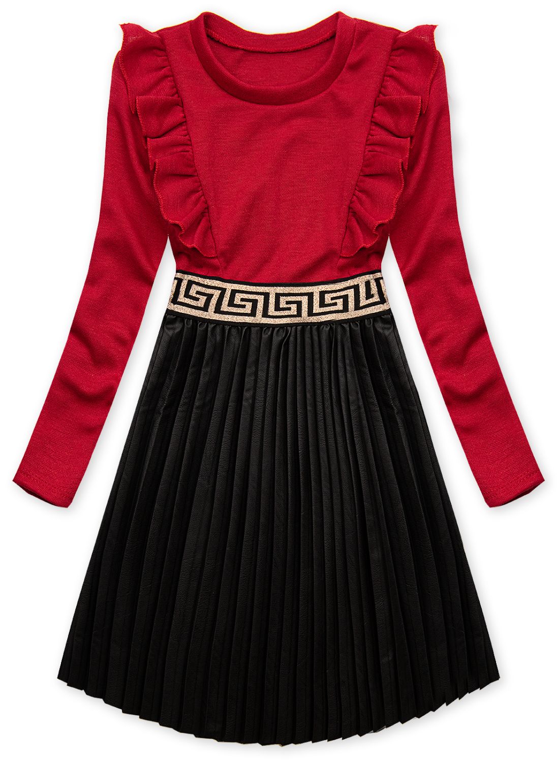 Red dress with leather pleated skirt