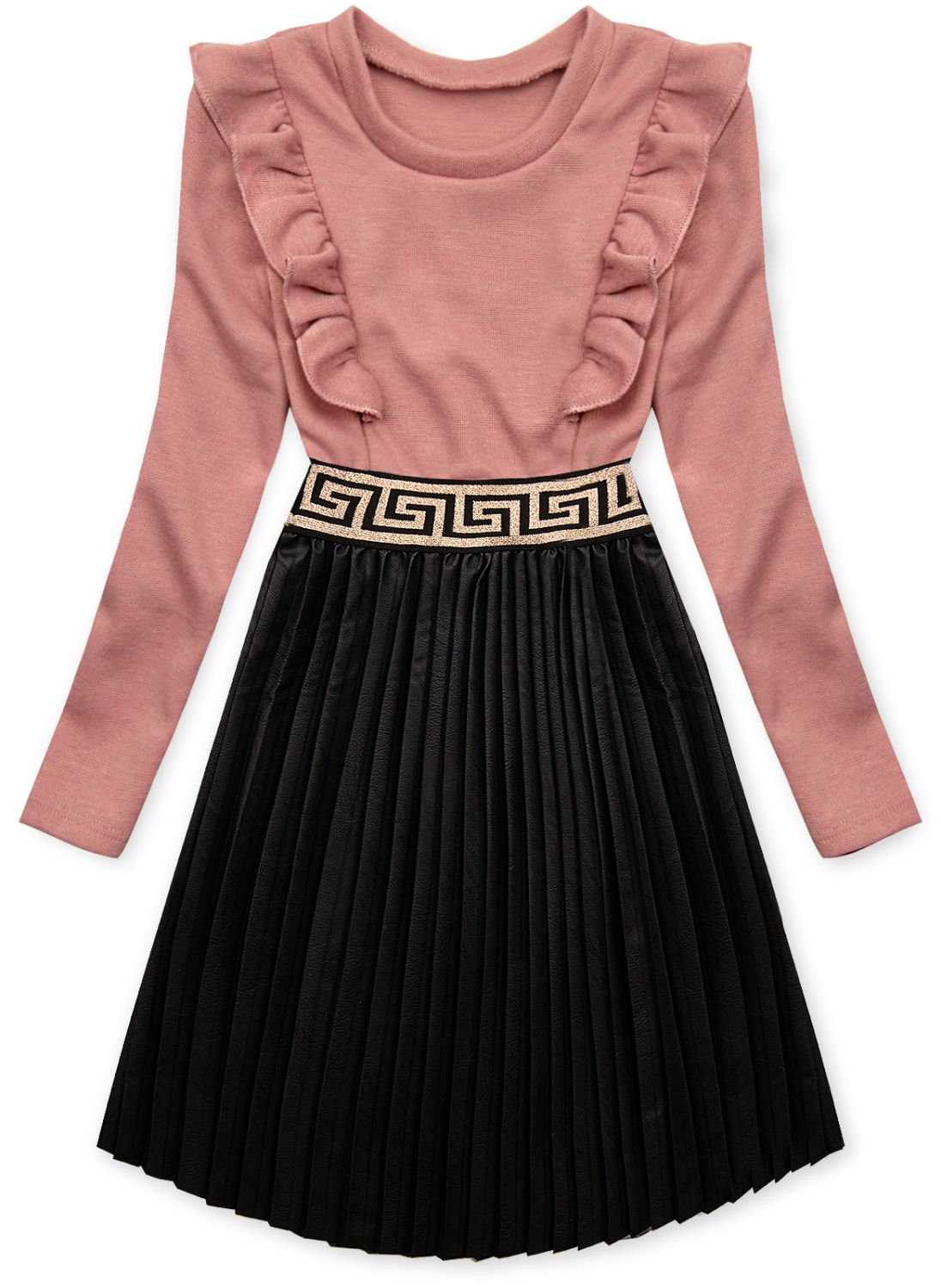 Pink dress with leather pleated skirt