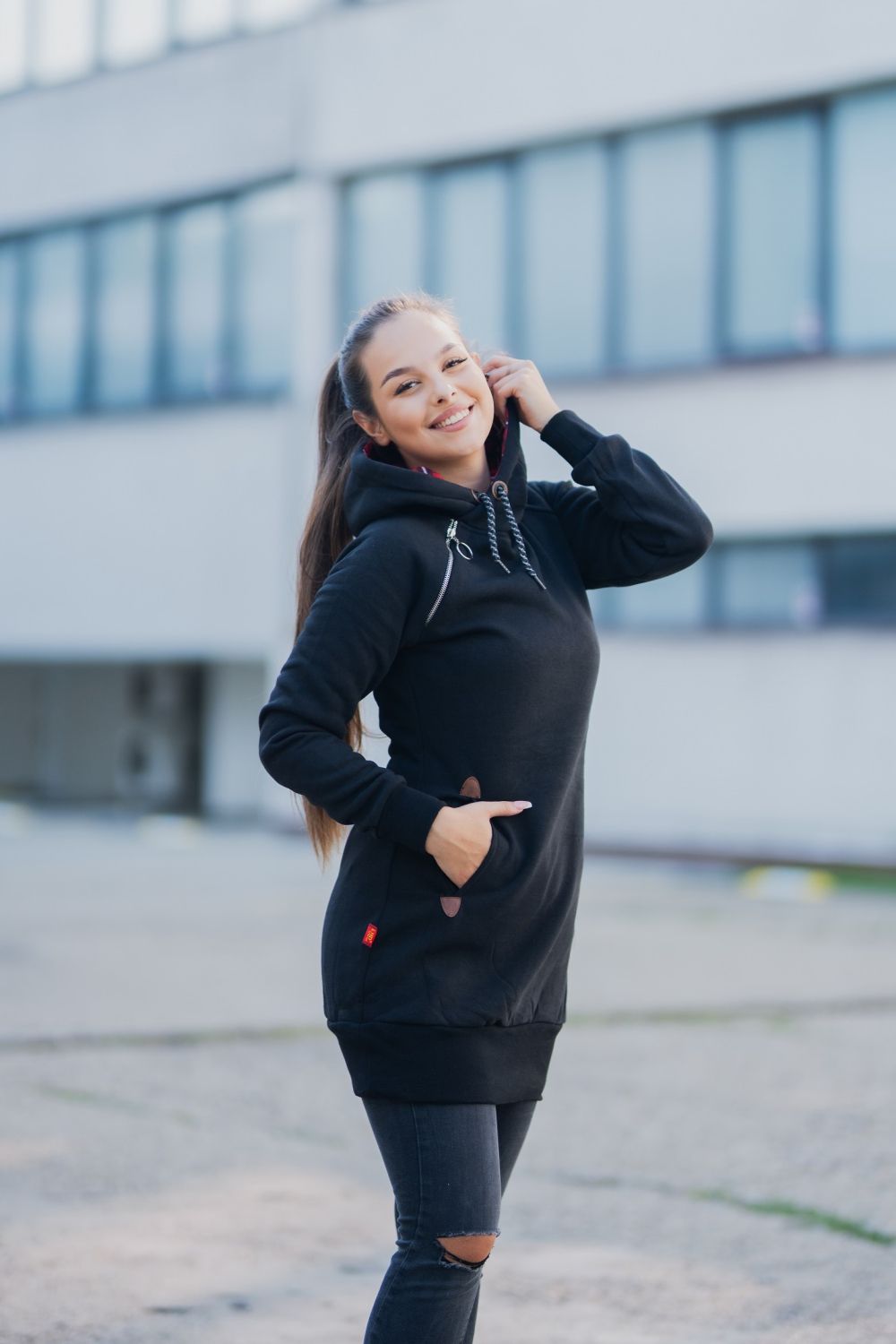Hoodie sweatshirt dress with checked lining green