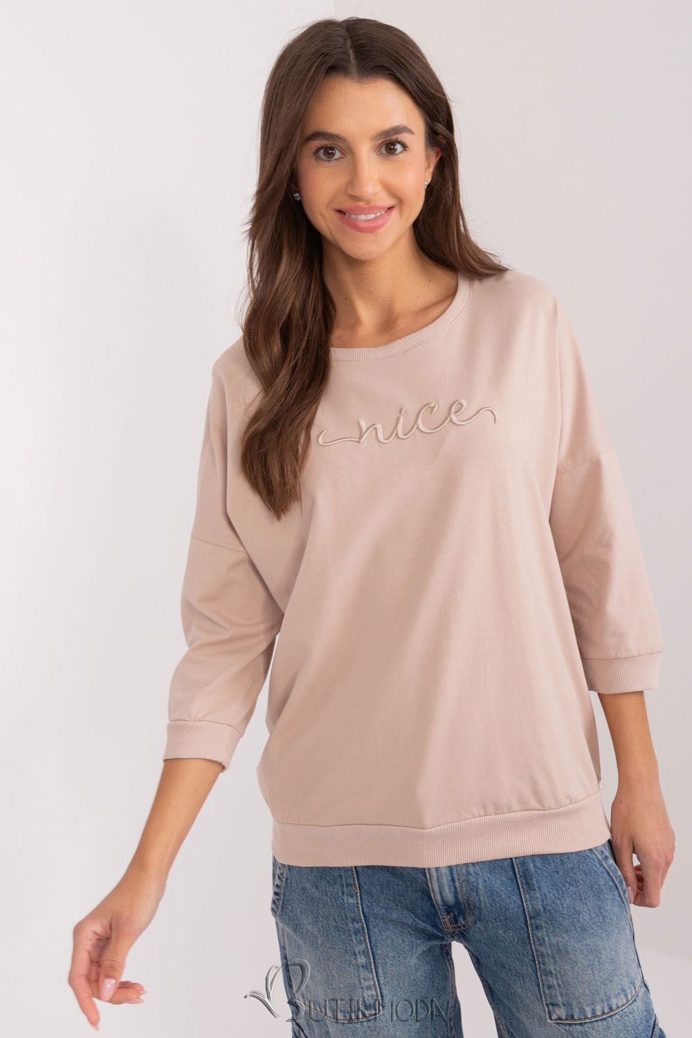 Beige Women's Sweatshirt with 3/4 Sleeves