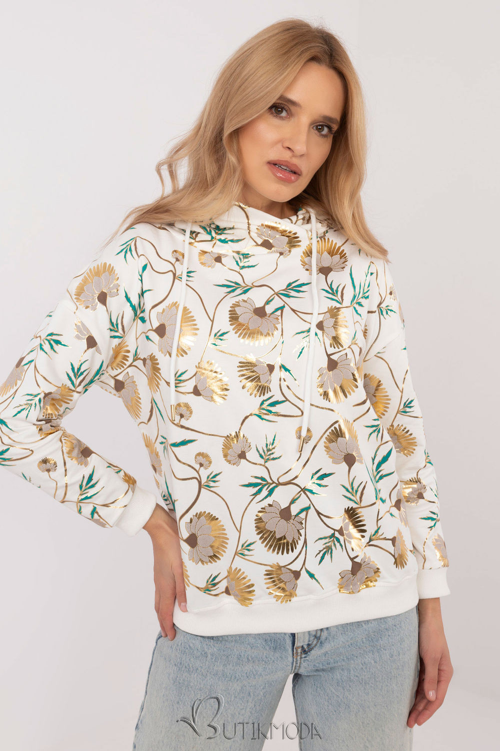 Beige Women's Hoodie with Floral Print