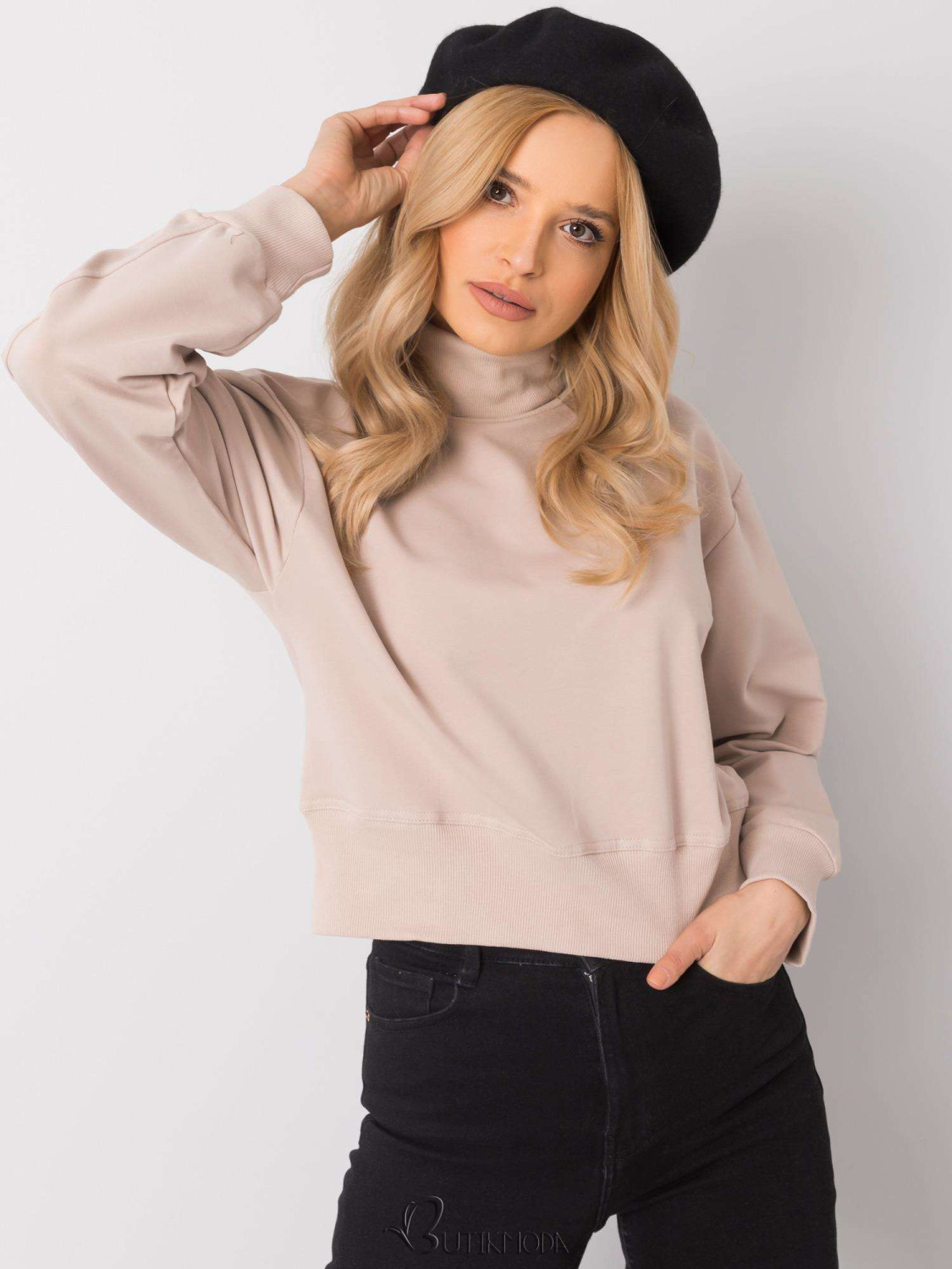 Beige Basic Sweatshirt with Turtleneck