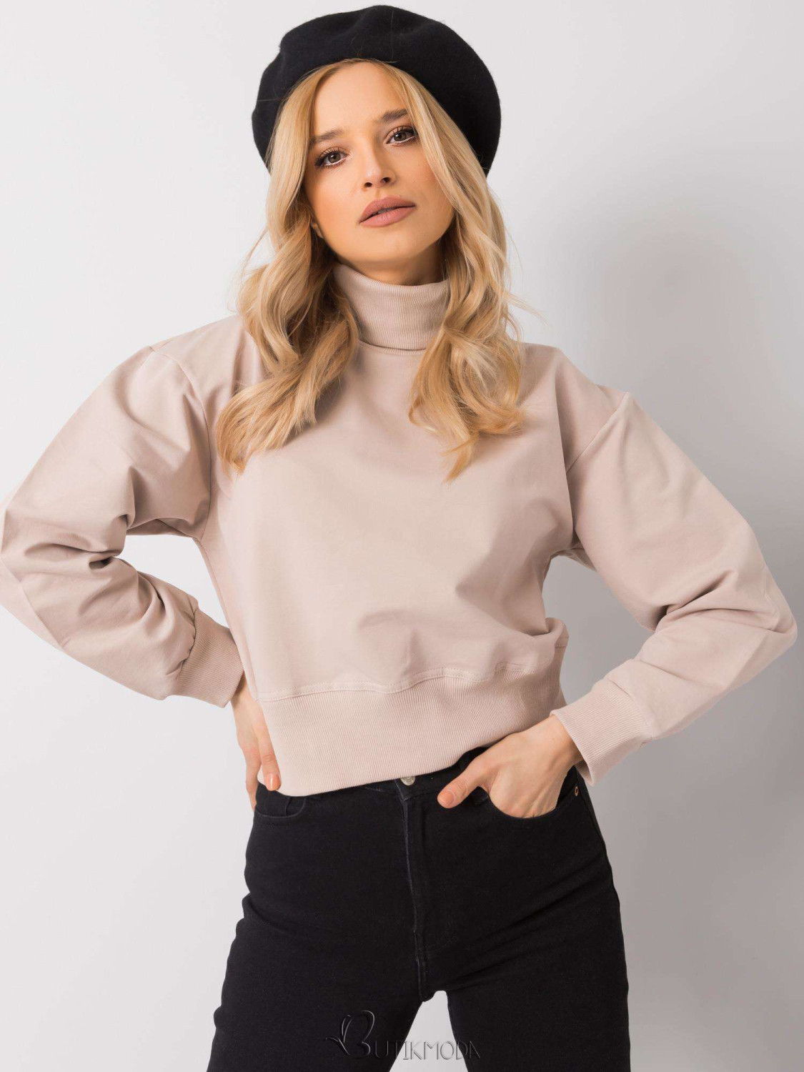 Beige Basic Sweatshirt with Turtleneck