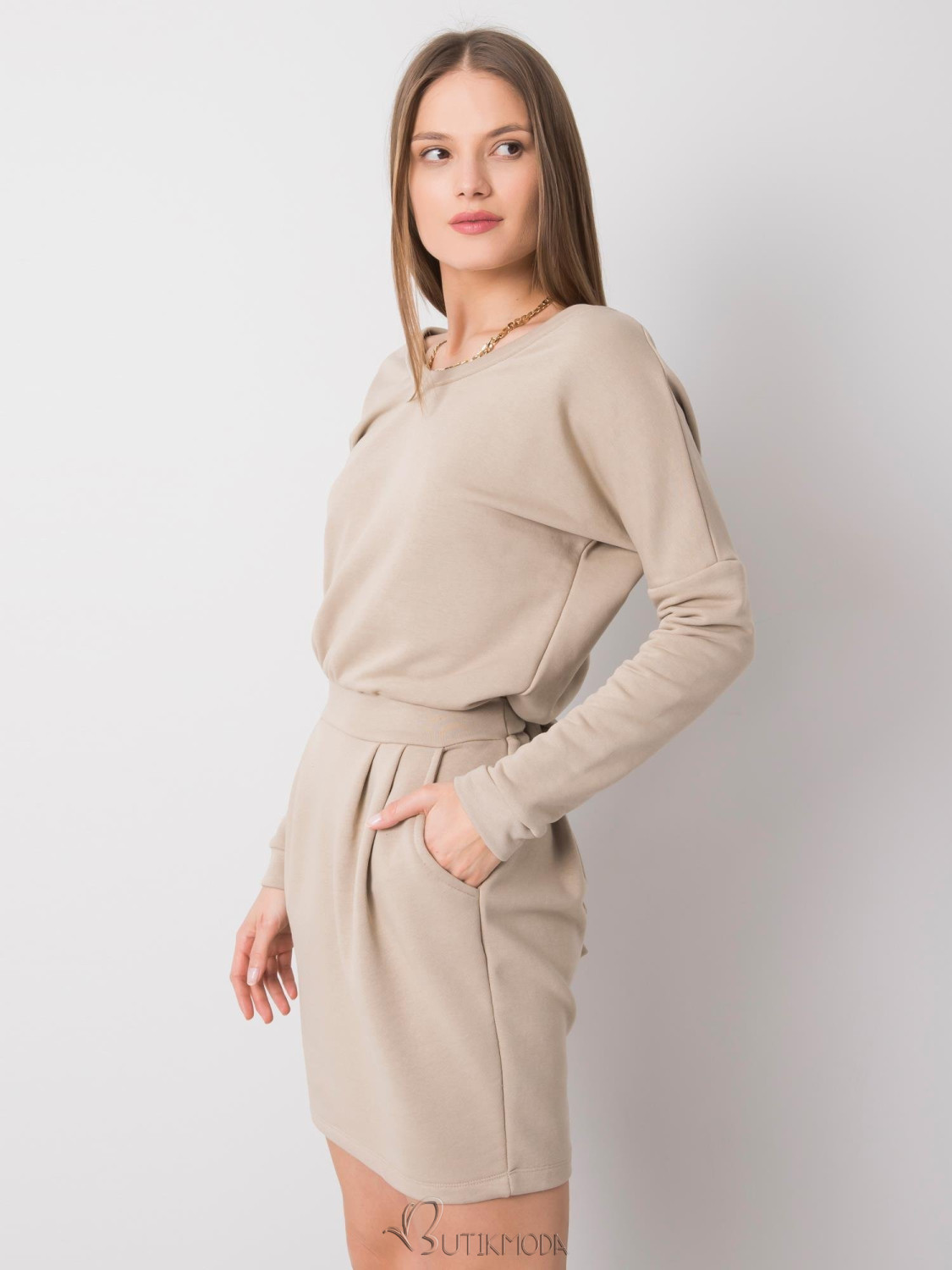 Beige Simple Dress with Long Sleeves