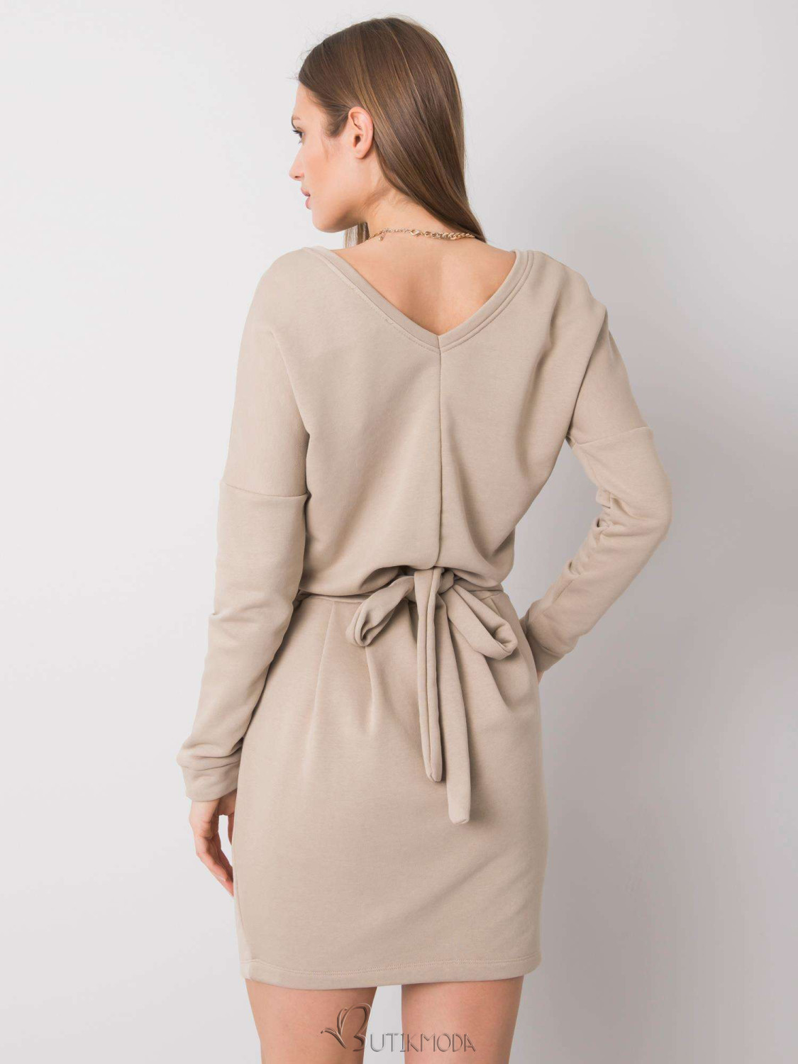 Beige Simple Dress with Long Sleeves