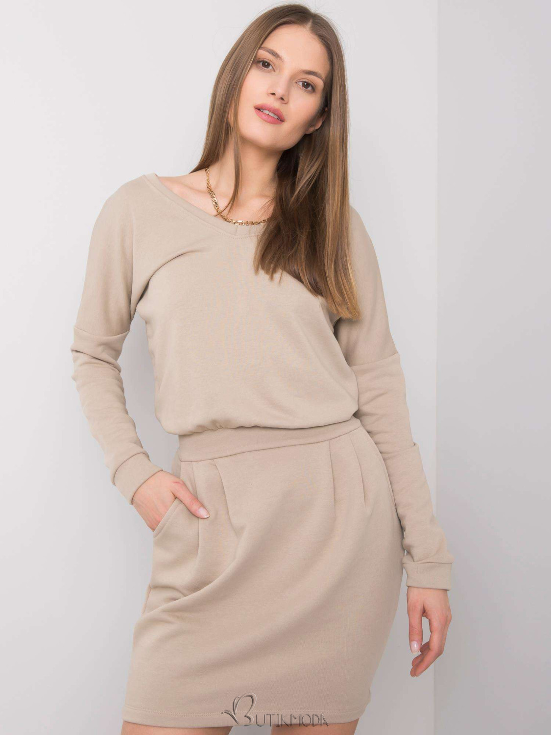 Beige Simple Dress with Long Sleeves