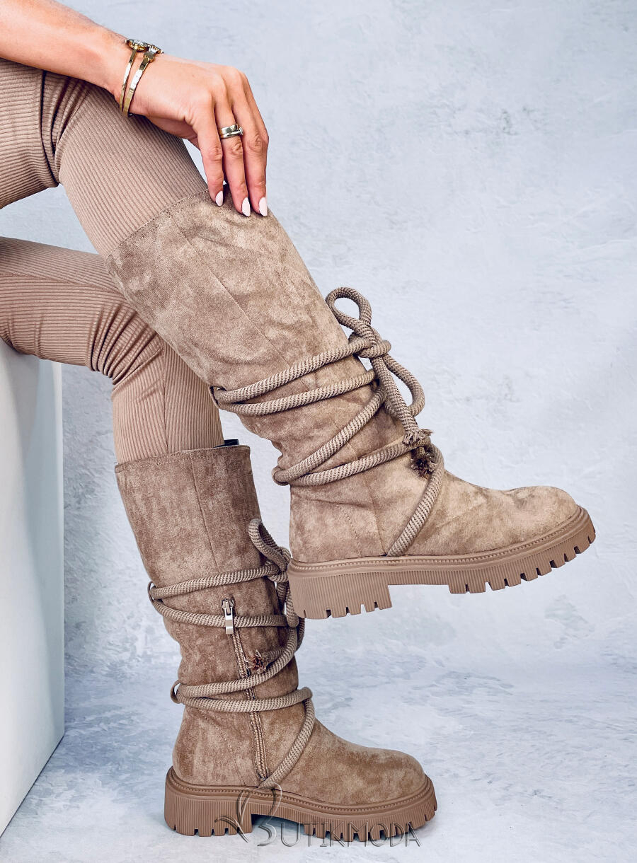 Beige suede boots with laces