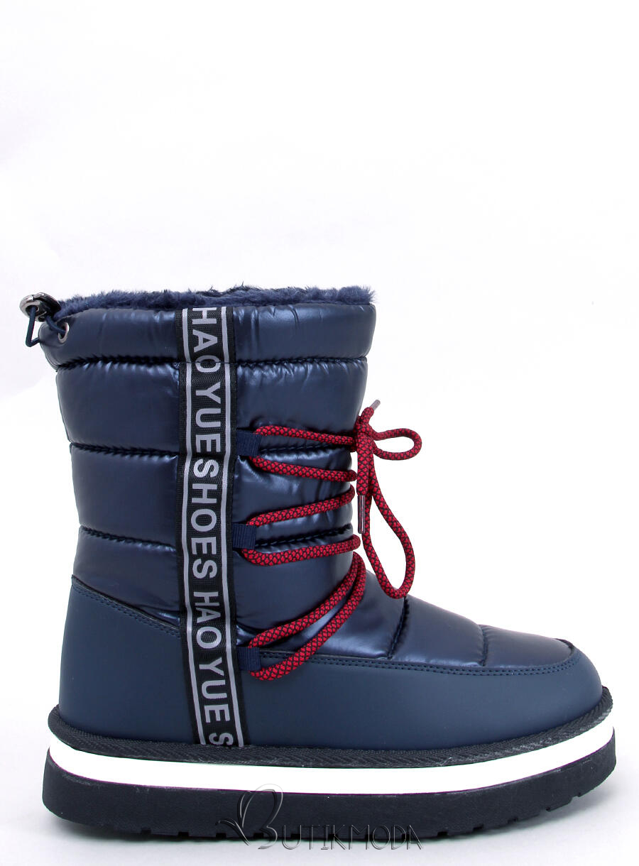 Winter snow boots with lacing dark blue