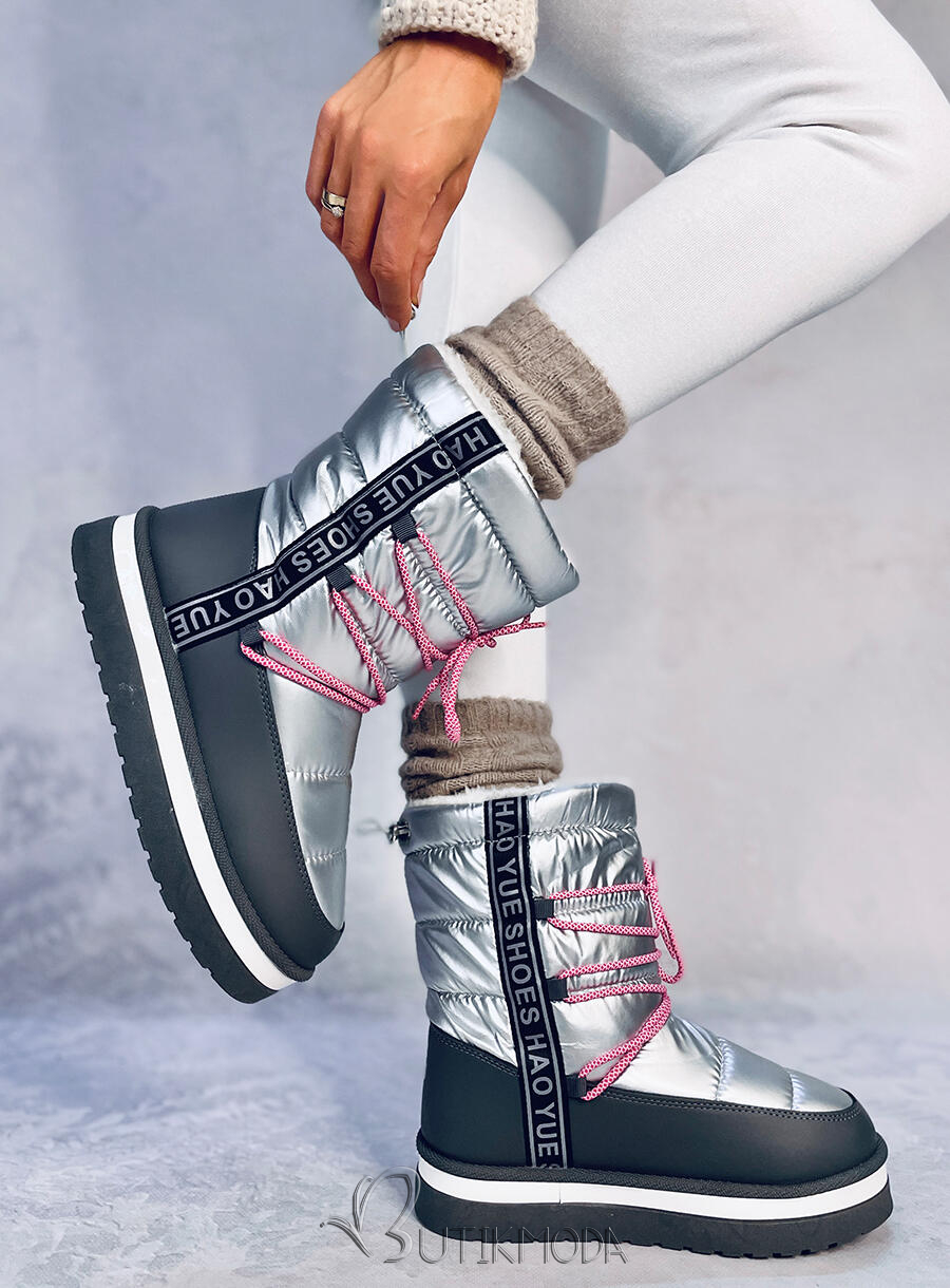 Winter snow boots with laces silver