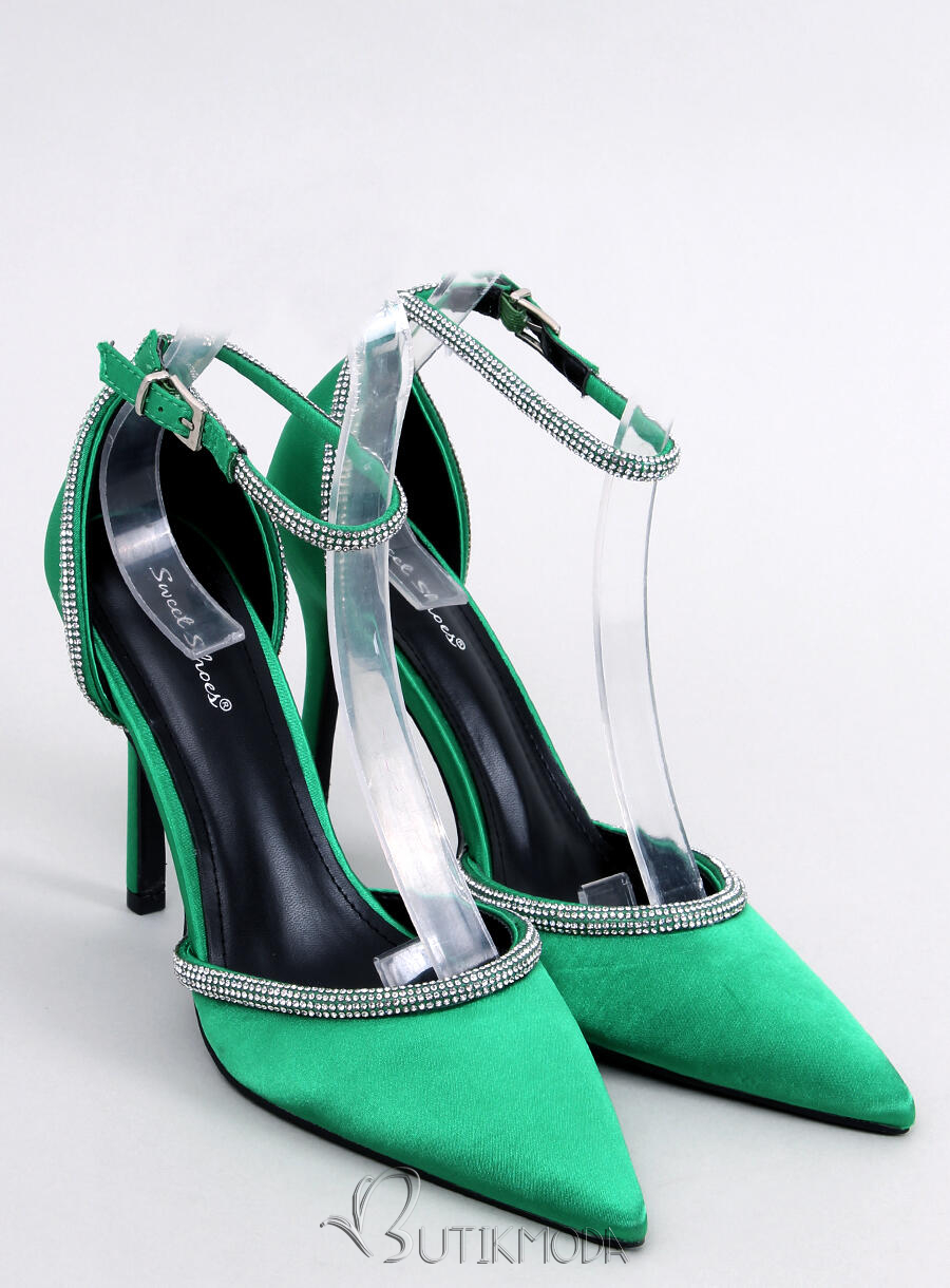 Green women's pumps with zircons