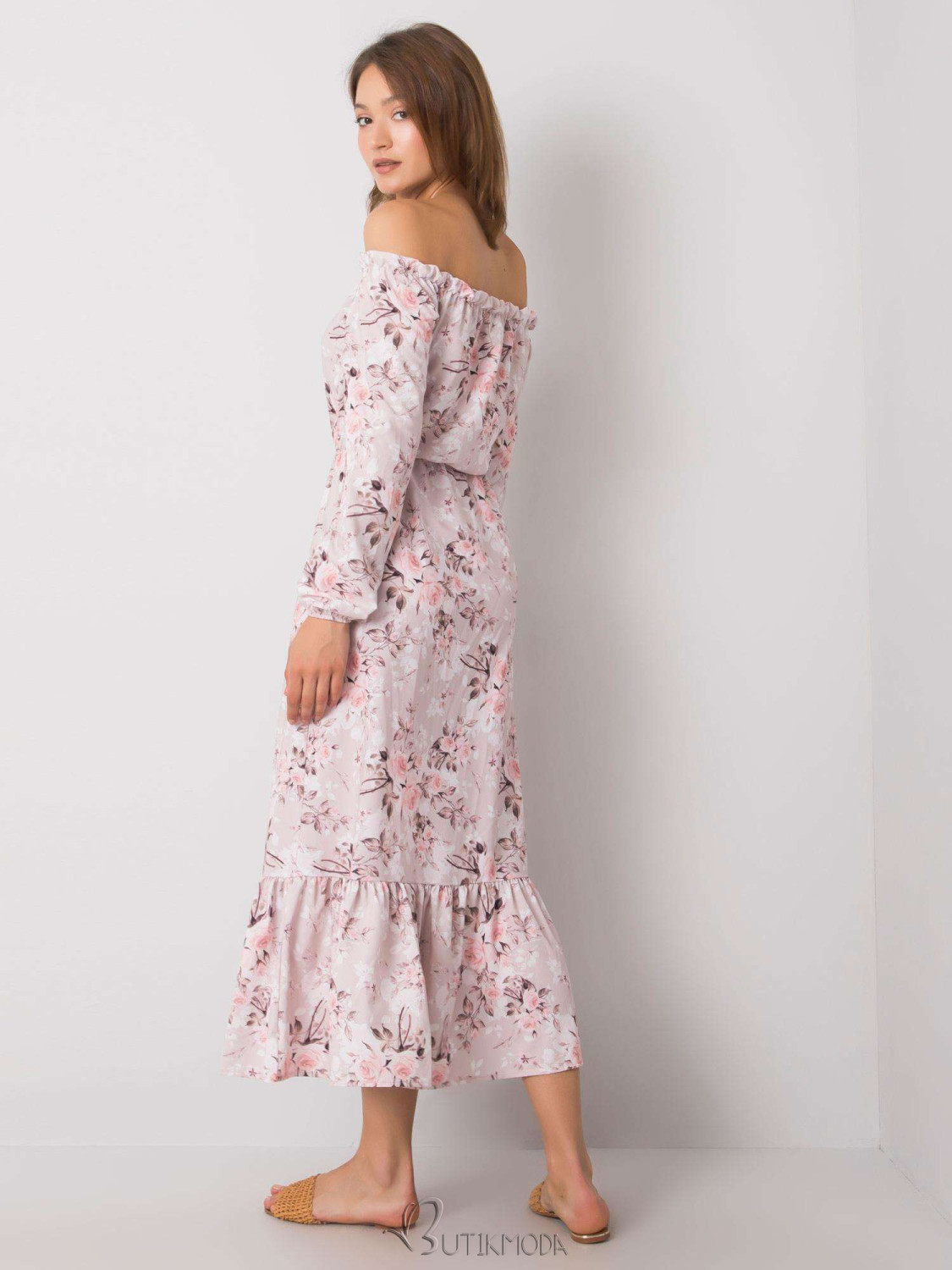 RUE PARIS Pink Floral Maxi Dress with Off-Shoulder Cut