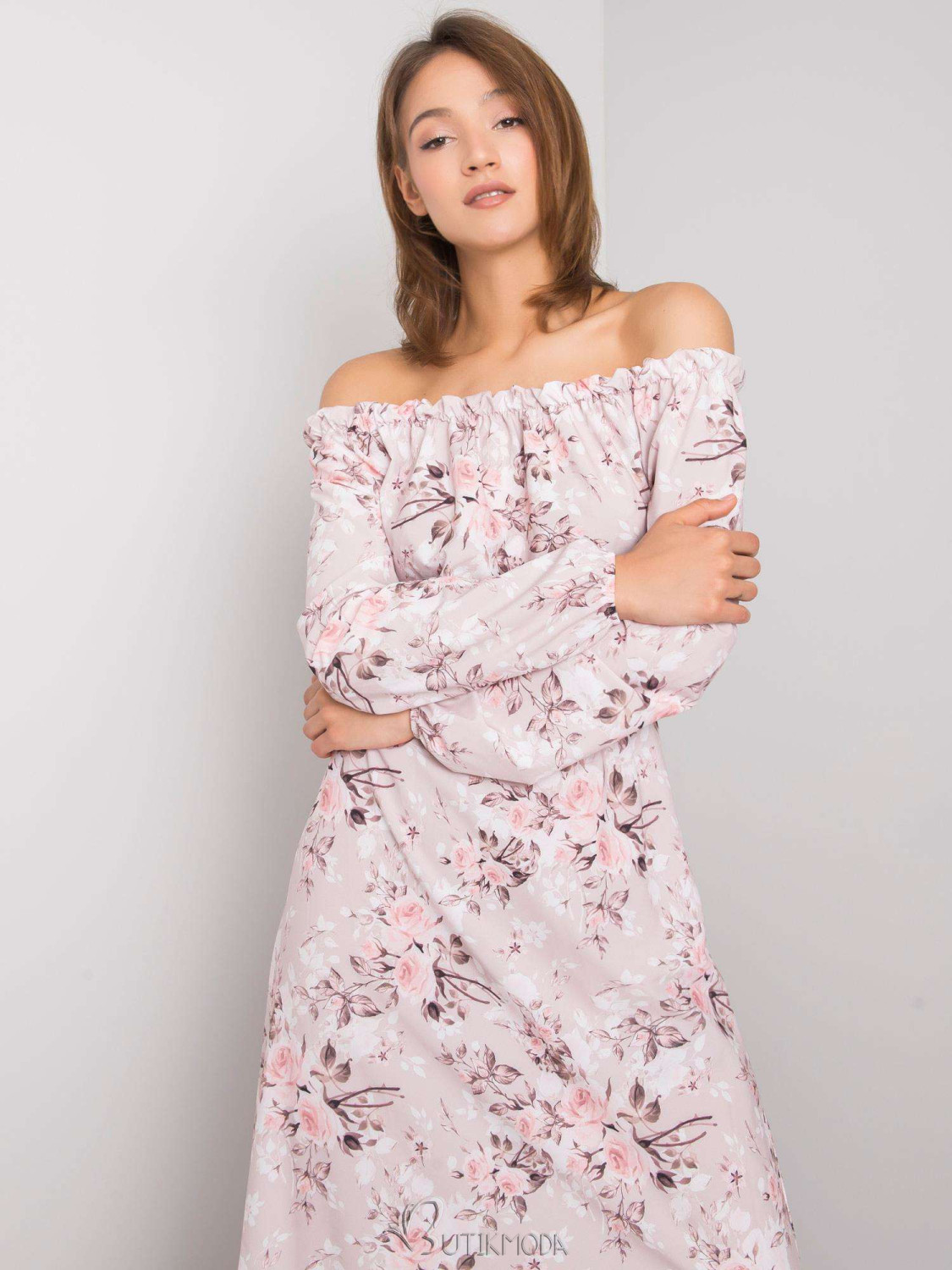 RUE PARIS Pink Floral Maxi Dress with Off-Shoulder Cut