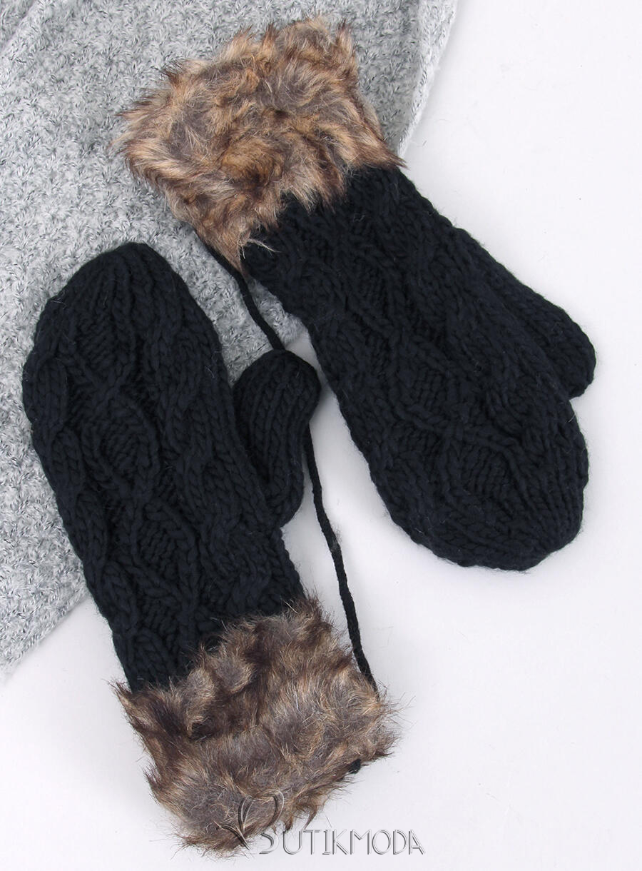 Black mittens with knitted pattern