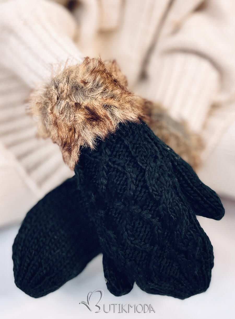 Black mittens with knitted pattern